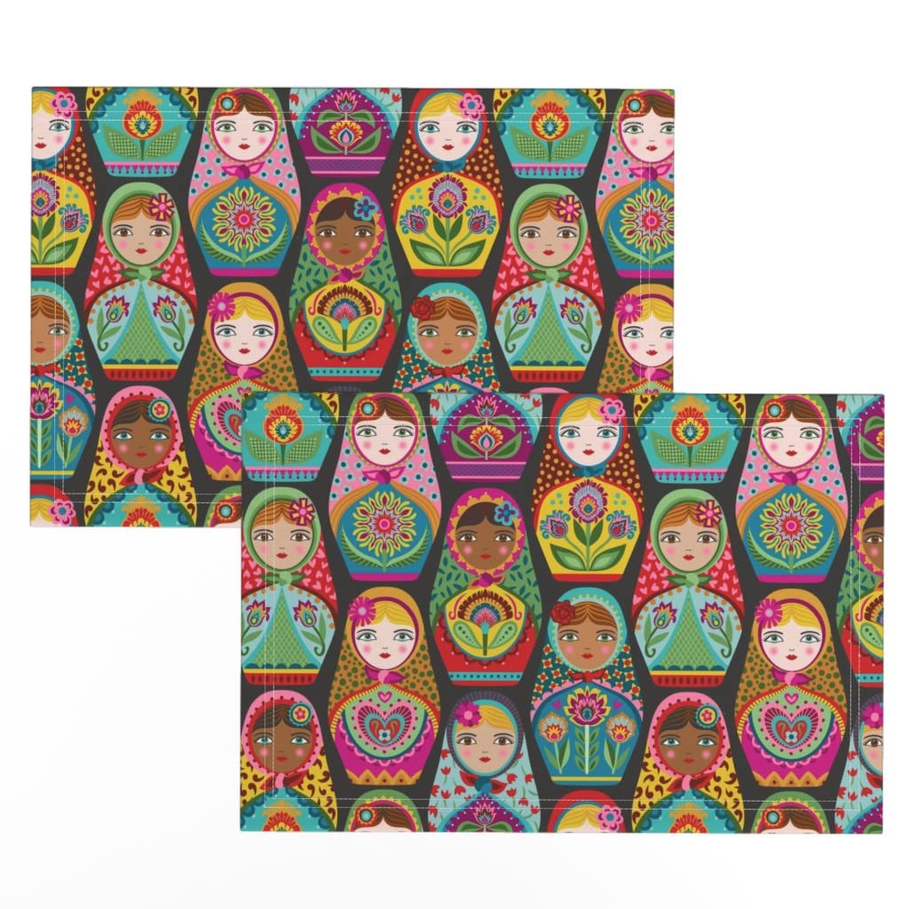 Linen Cotton Canvas Placemats Set of 2 - Bohemian Folk Art Women Print Table Mats for Dining Room Decor, Kitchen Table Setting, and Gift Ideas