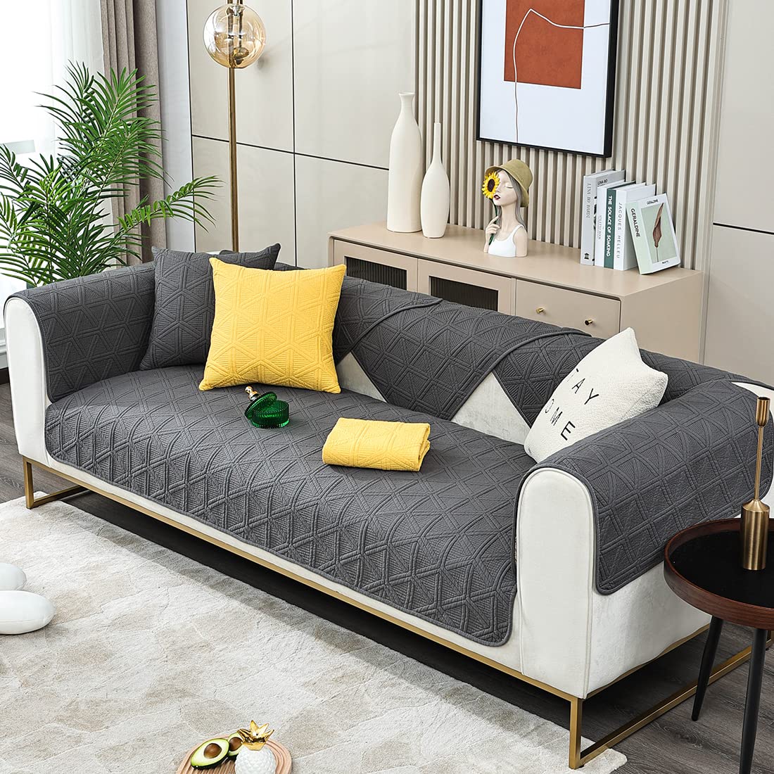 Geometric Embroidery Sofa Cover - Non-Slip Cotton Quilted Couch Slipcover with Triangle Pattern, Dark Gray 36x82 Inches - Perfect for Sectional Couches, Living Room Furniture Protection & Home Decor
