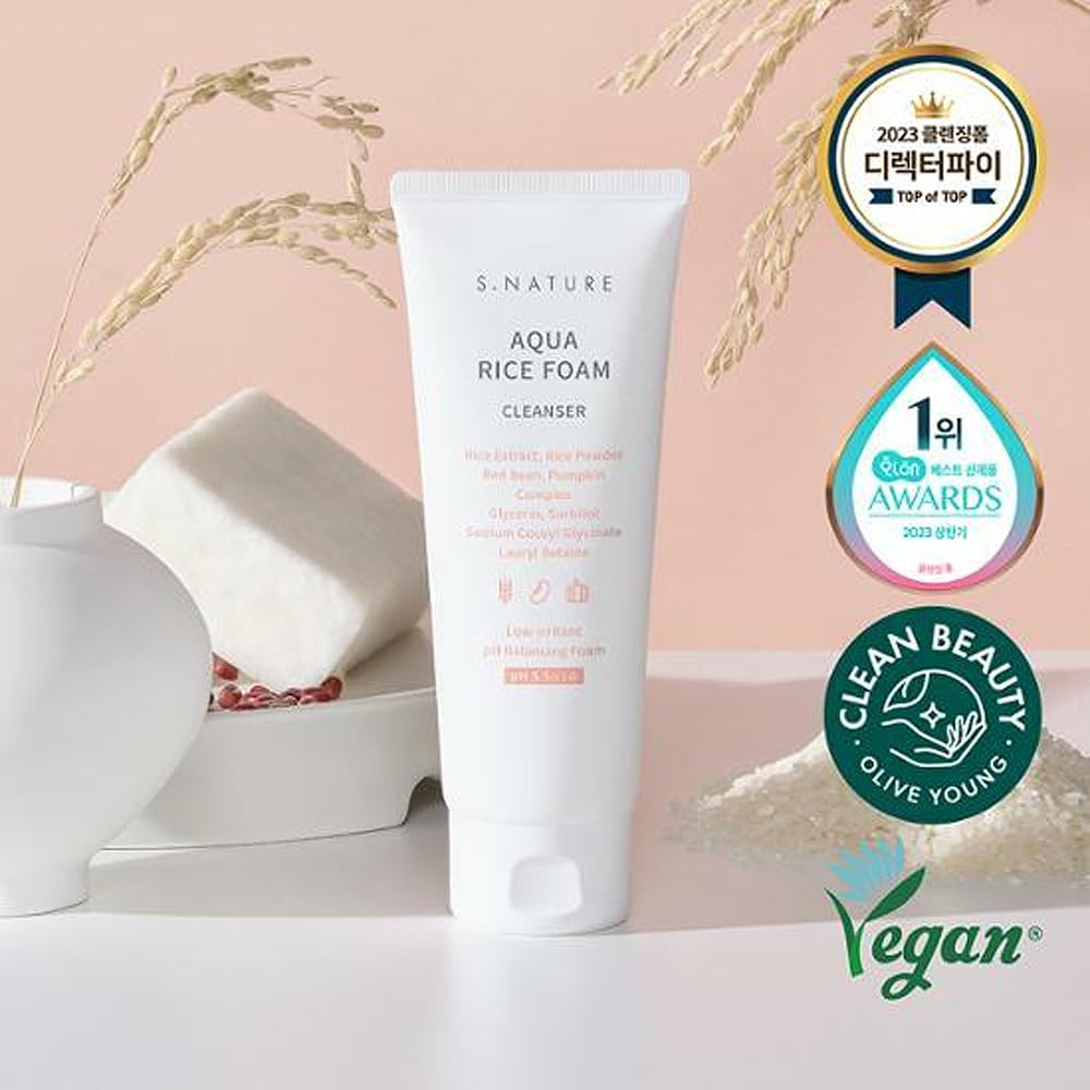 S NATURE Aqua Rice Foam Cleanser - Korean Skincare for Deep Cleansing & Brightening | Gentle Rice Face Wash Made in Korea (160ml/5.64 Fl Oz) | Perfect for Daily Skincare Routine & Travel Size