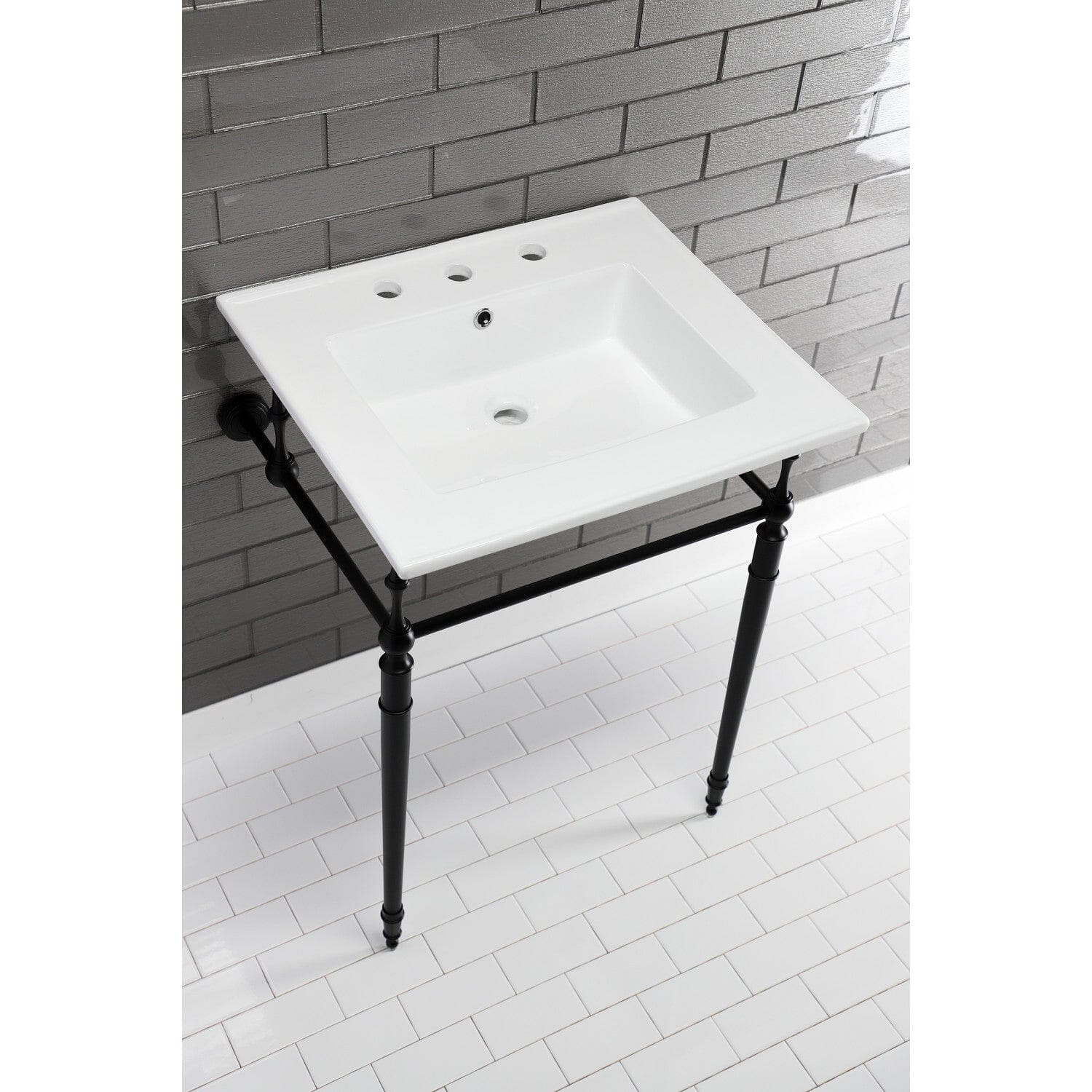 Edwardian 25 Inch Ceramic Console Bathroom Sink with Brass Legs (8 Inch, 3 Hole) - Perfect for Vintage Style Bathrooms & Powder Rooms