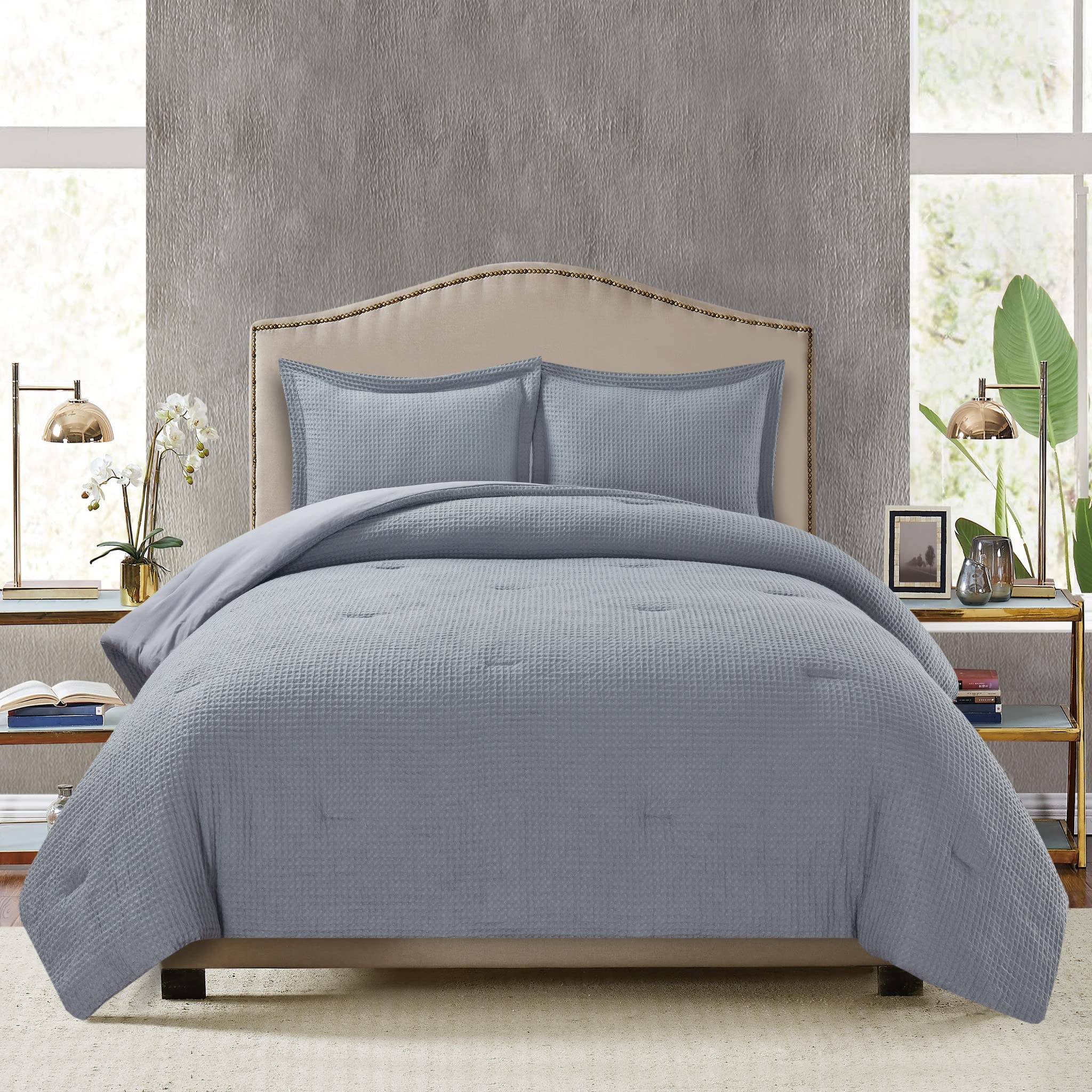 Chezmoi Collection Wilmer 3-Piece Waffle Weave Comforter Set - Ultra Soft & Breathable All-Season Bedding for King Size Beds in Gray - Perfect for Master Bedrooms, Guest Rooms & Cozy Winter Nights