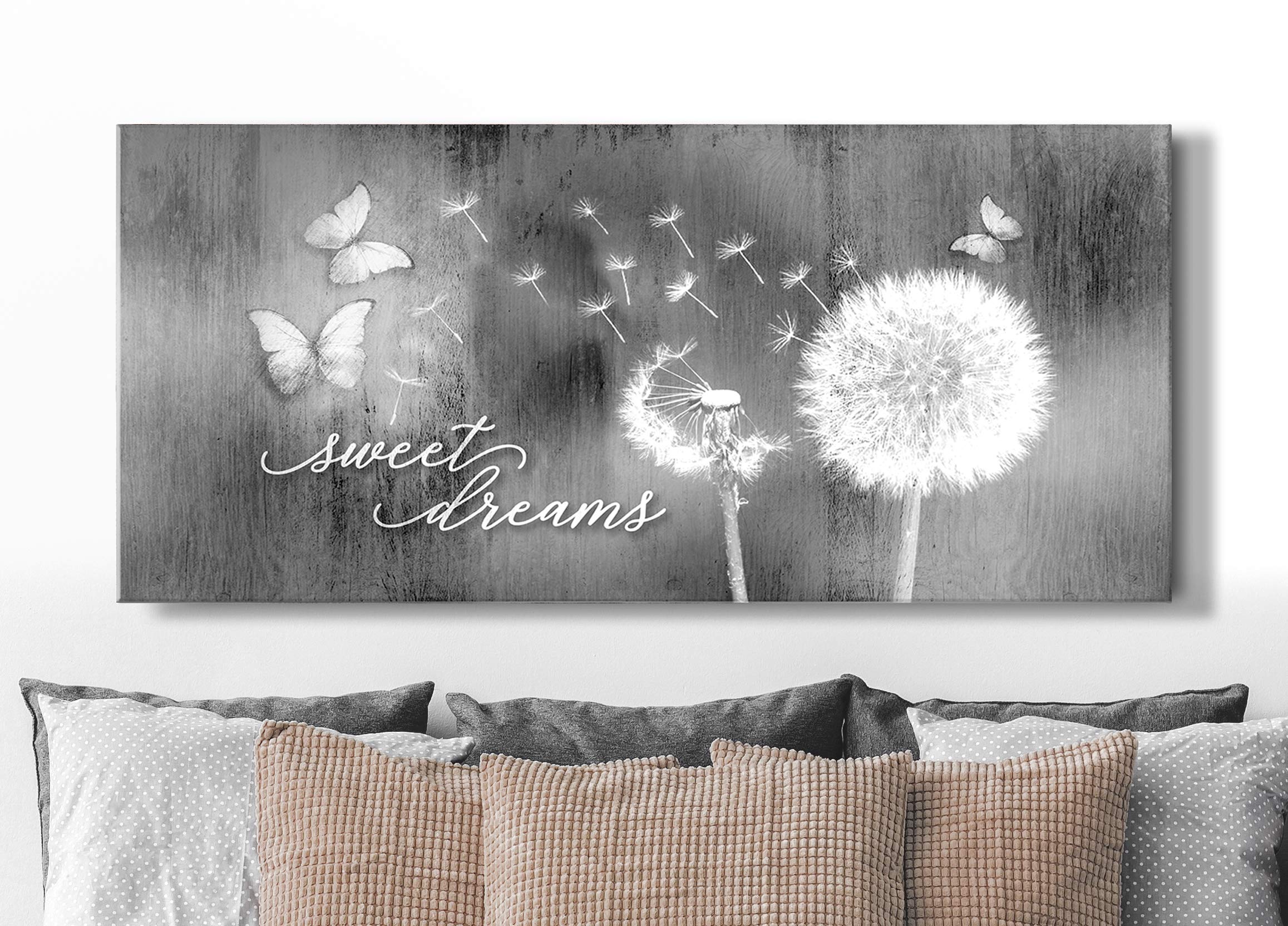 Sweet Dreams Dandelion Wall Art Decor - Large 42x19 Inch Grey Canvas Print for Master Bedroom - Above Bed Wall Decor, Home Decor Signs for Bedroom & Living Room - Perfect for Housewarming Gifts & Cozy Home Styling