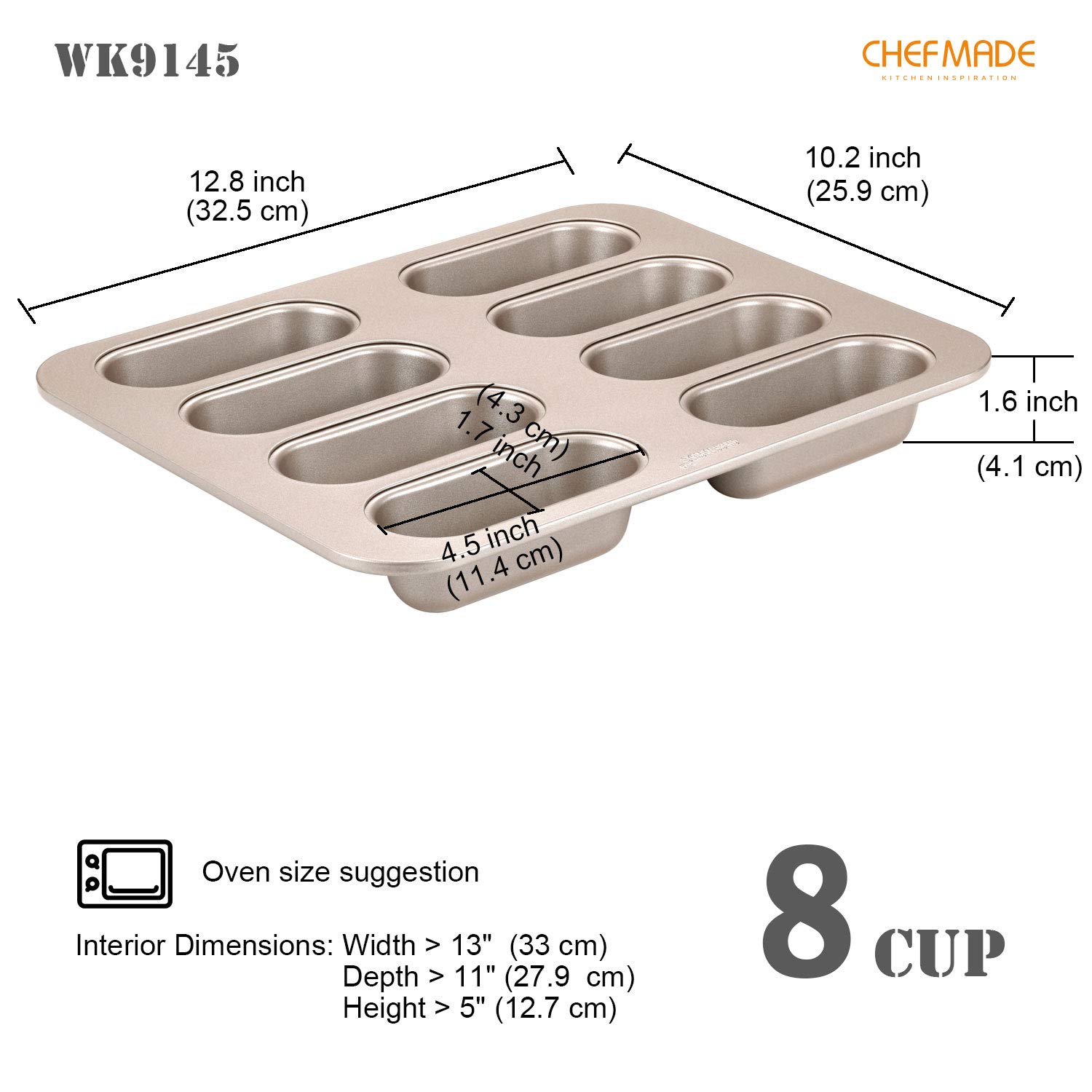 CHEFMADE 8-Cavity Non-Stick Twinkie Cake Pan - Mini Hotdog-Shaped Muffin Eclair Bakeware for Oven Baking (Champagne Gold) - Perfect for Birthday Parties, Baby Showers & Holiday Desserts