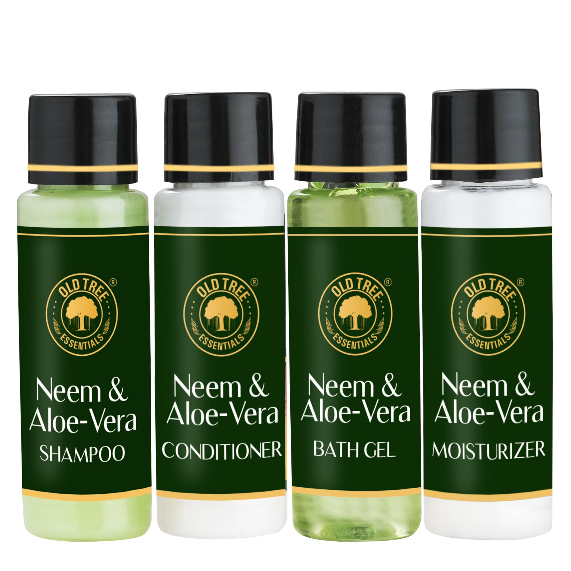 Organic Neem & Aloe Vera Travel Toiletries Set - 30ml Shampoo, Conditioner, Body Wash & Lotion (Pack of 25-100) | Natural Hair & Skin Care for Men & Women | Perfect for Hotels, Gyms, Travel & On-the-Go Hygiene