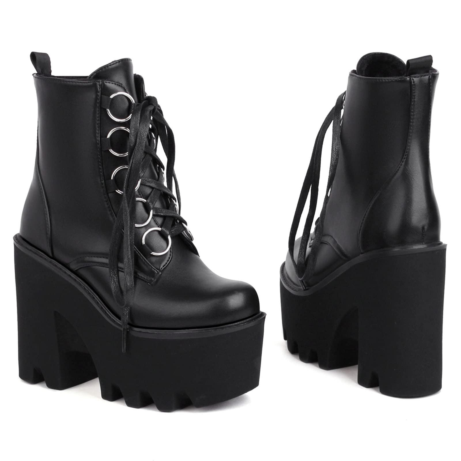SaraIris Women's Chunky Heel Lace-Up Ankle Boots with Chain & Pearl Decor - Punk Goth Platform Boots for Women | Perfect for Night Out, Concerts & Alternative Fashion