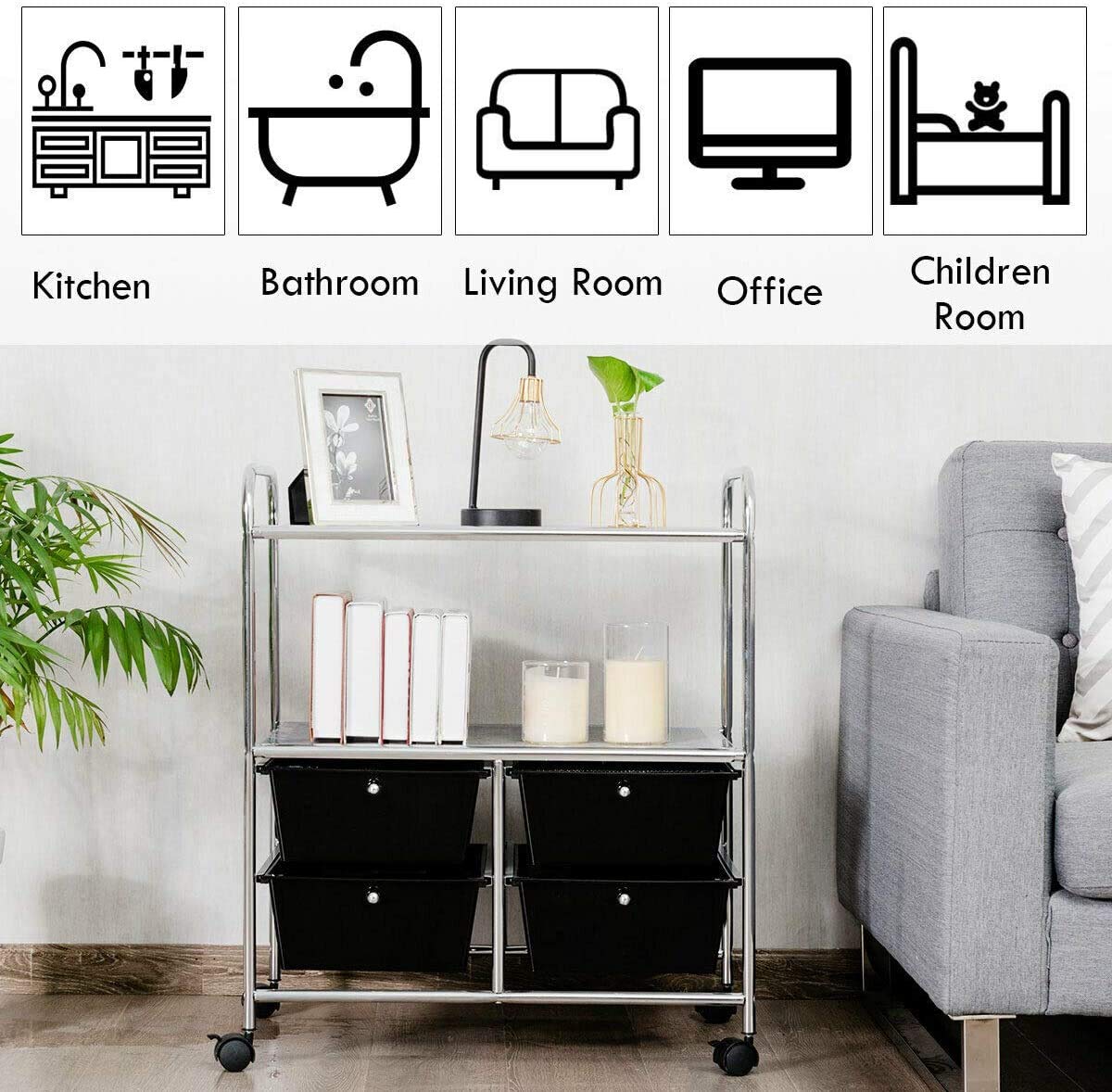 Byroce 4-Drawer Rolling Storage Cart with 2 Shelves & Wheels - 3-Tier Metal Utility Trolley with Handles for Home, Office & Kitchen Organization (Black) - Perfect for Pantry, Bathroom & Craft Room Storage