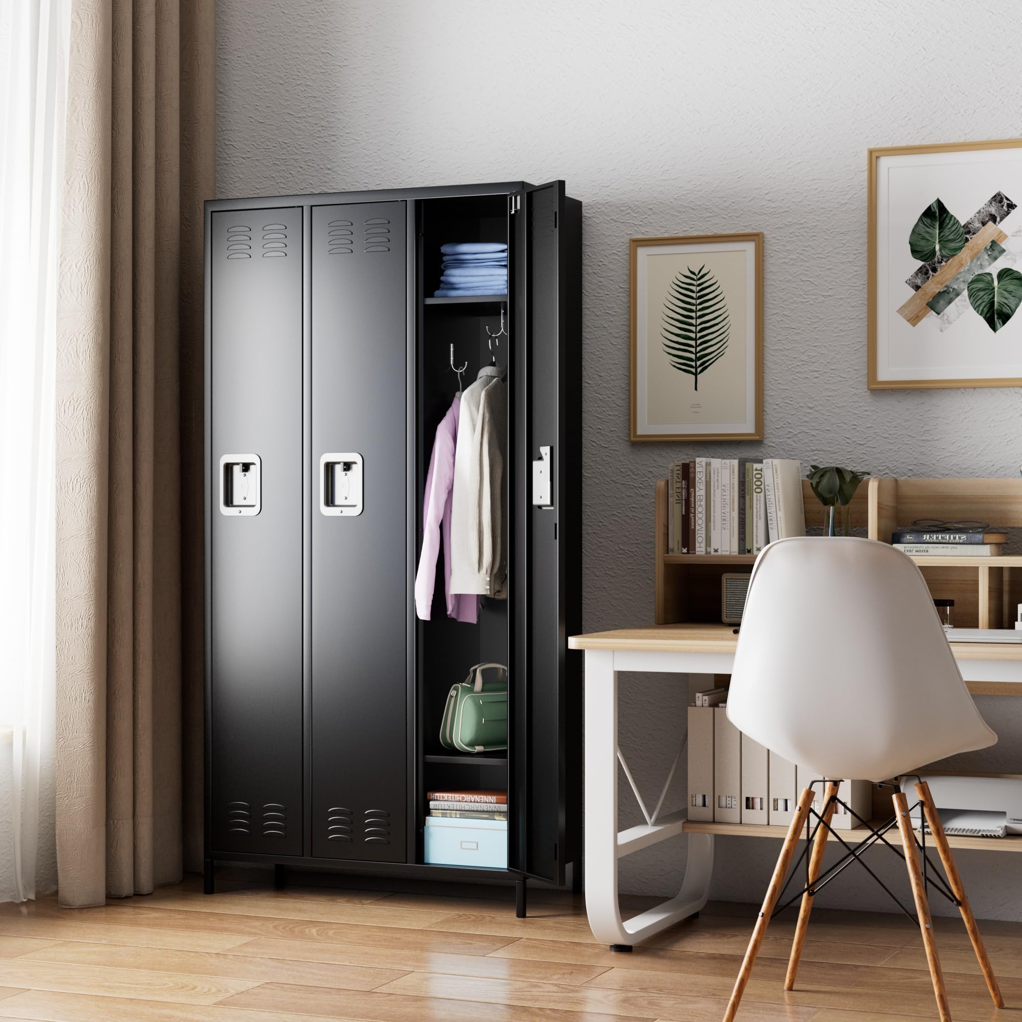 METAN 3-Door Steel Storage Locker Cabinet - Heavy Duty Metal Locker for School, Office, Gym & Bedroom - Industrial Storage Locker with 2 Adjustable Shelves for Employees & Students - Easy Assembly Required (Black) - Perfect for Secure Storage in Workplaces, Schools & Fitness Centers