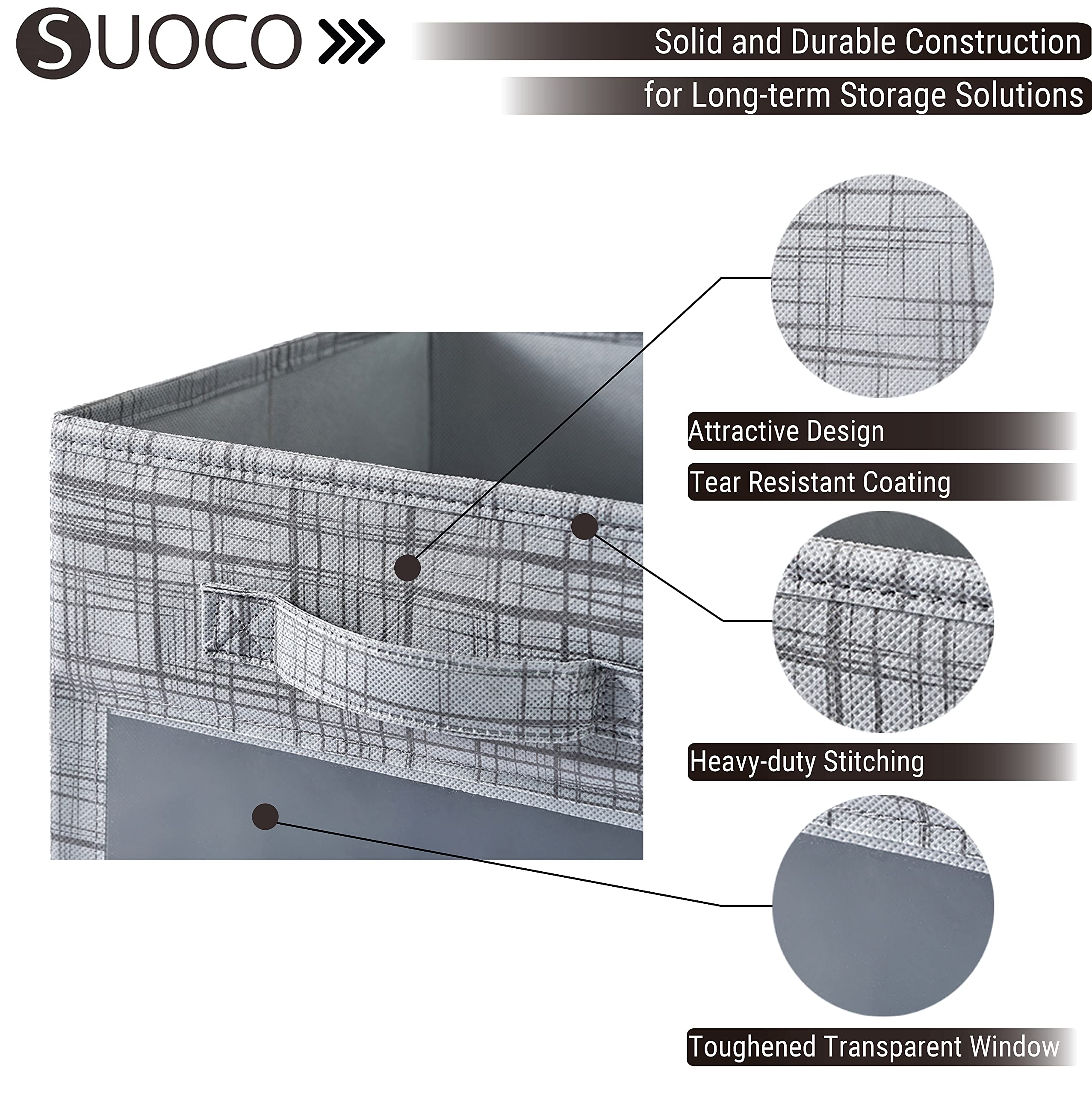 SUOCO 6-Pack Foldable Fabric Storage Bins with Clear Window - Grey Cube Organizer Baskets for Shelves, Closet, Nursery & Kids Room | Perfect for Home Organization, Toy Storage & Bedroom Decor