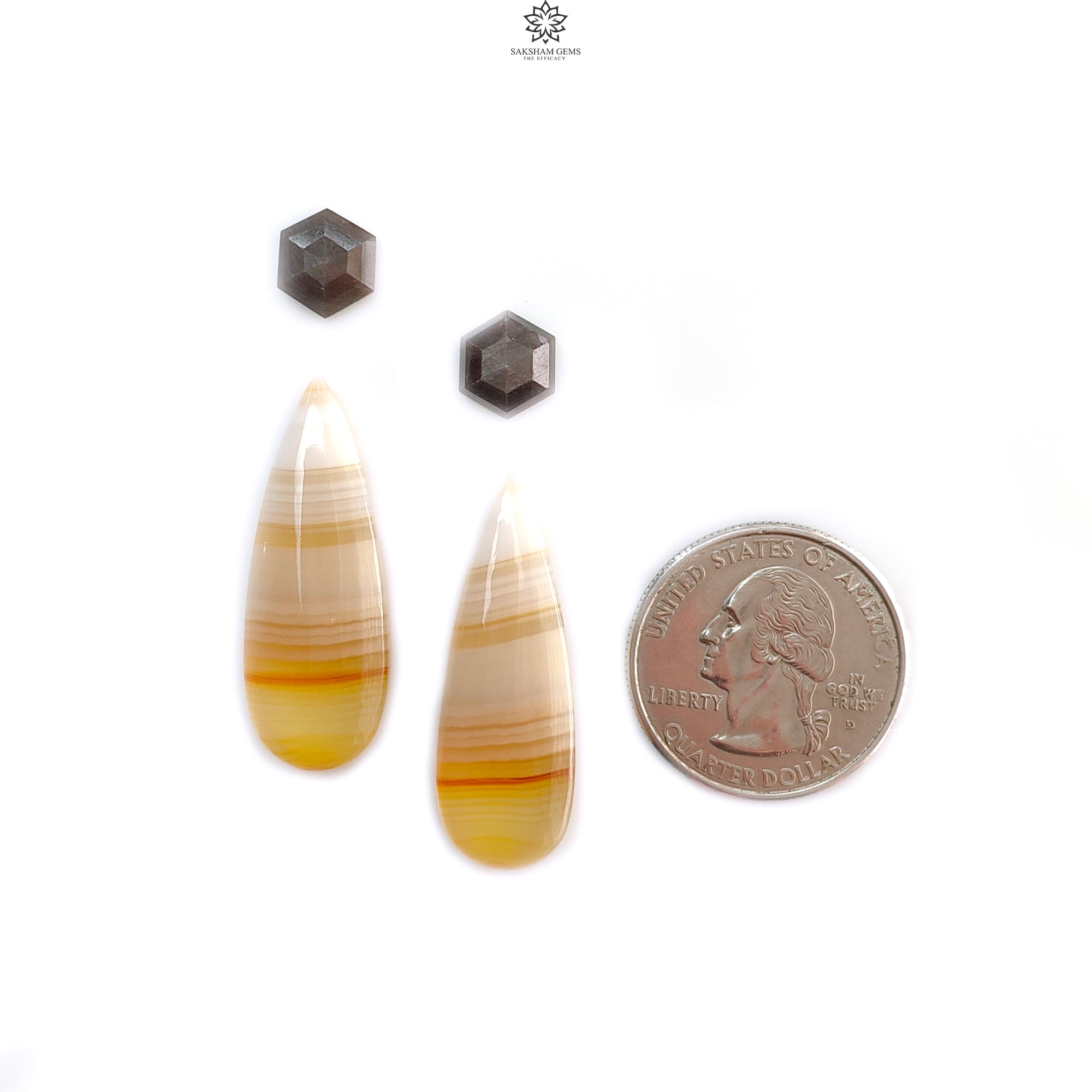 Natural Botswana Agate Gemstone with Serpentine & Gray Sapphire Cabochon - Untreated Bi-Color Agate Triangle and Pear 4pc Set for Jewelry Making, Wire Wrapping, and Healing Crystal Collections