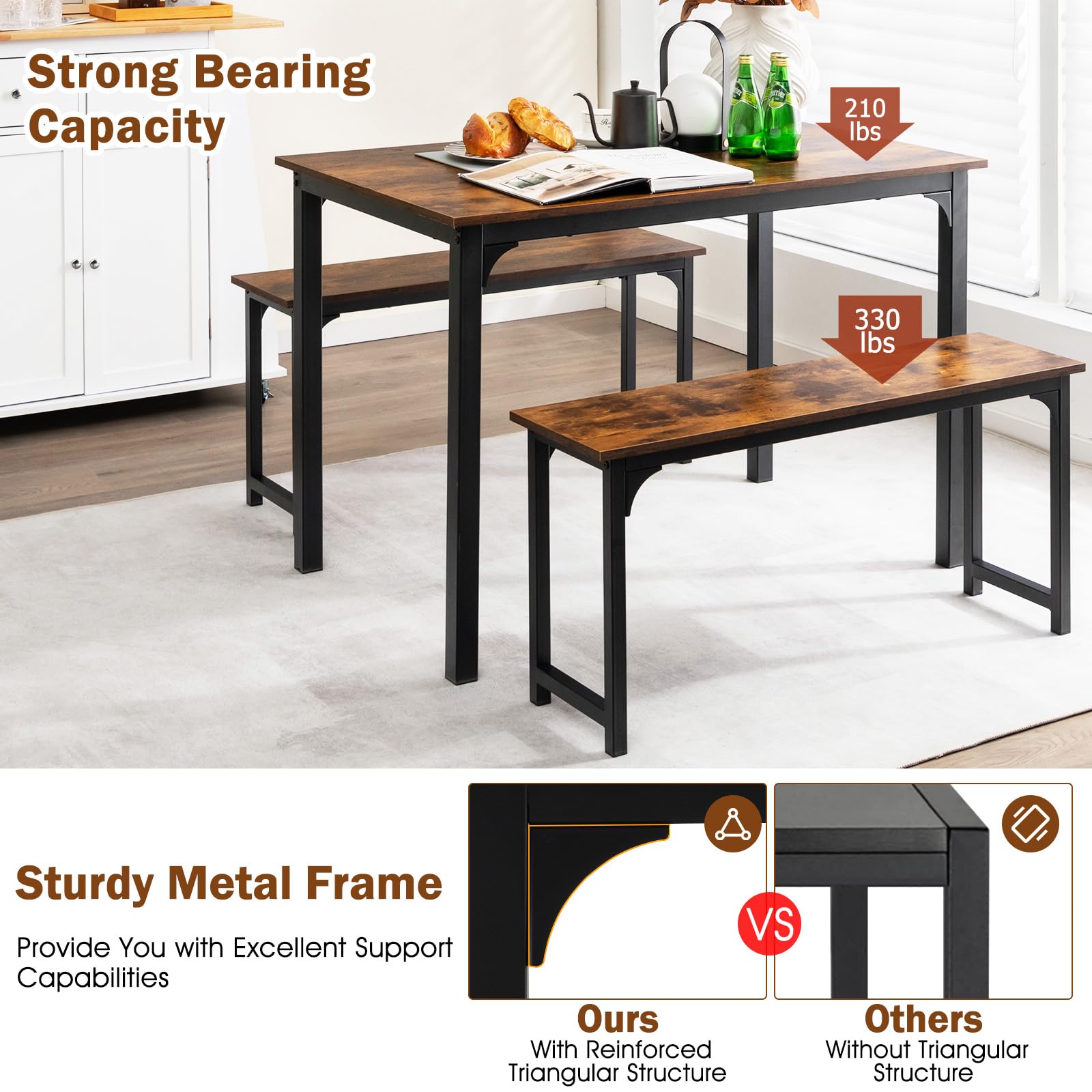 Giantex 4-Piece Industrial Dining Table Set with 2 Benches - Space Saving Kitchen Table for Breakfast Nook, Small Dining Room & Apartment - Easy Assembly Mix Brown - Perfect for Family Meals, Coffee Time & Small Space Living