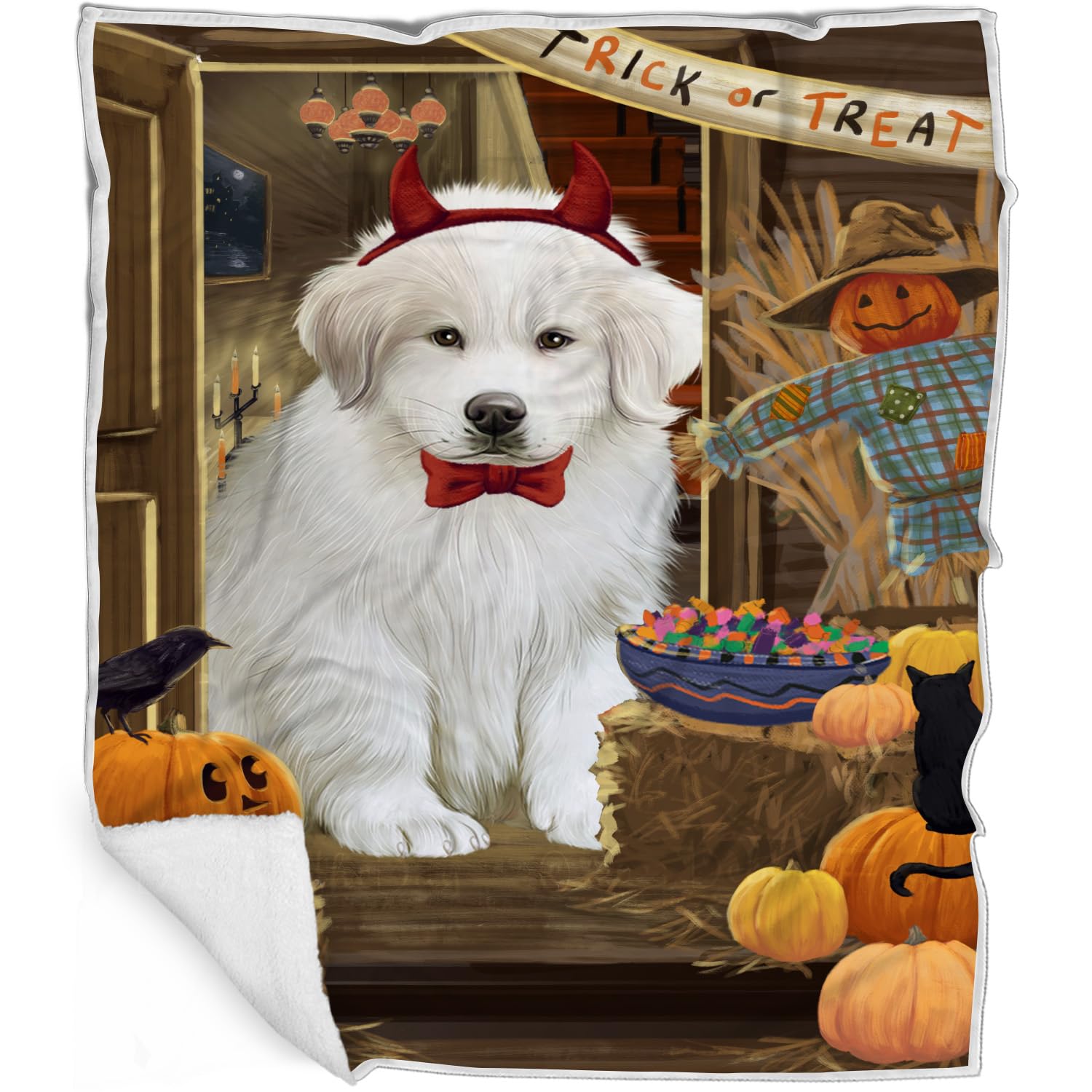 Halloween Trick or Treat Great Pyrenees Dog Blanket - Lightweight Soft Cozy Woven Throw for Pets (50x60) - Perfect for Couch, Sofa & Bed - Durable Animal Theme Fuzzy Blanket BLNKT78541 - Great for Halloween Decor, Pet Snuggling & Home Decor