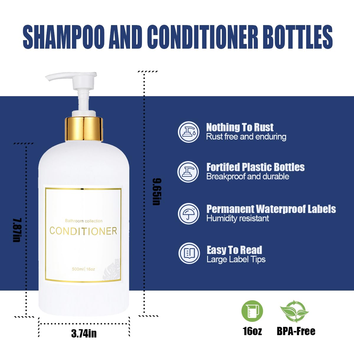 Akalin 16oz Refillable Shampoo and Conditioner Bottles Set - White & Gold Soap Pump Dispensers with Waterproof Labels (3-Pack) for Bathroom, Salon, Travel & Home Organization