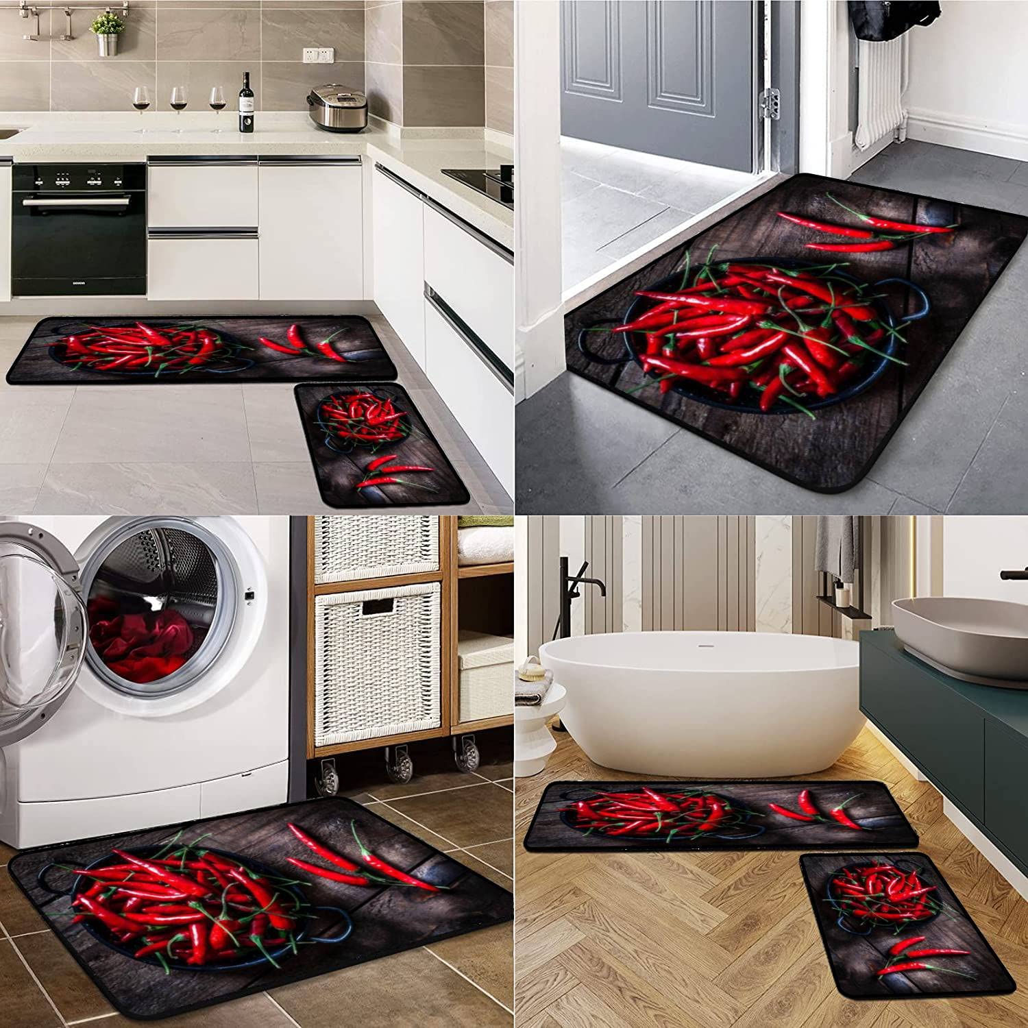 Non-Slip Washable Kitchen Rugs Set - Red Chili Peppers Design on Rustic Wooden Table, Anti-Fatigue Floor Mat for Cooking & Decor - Perfect for Kitchen, Entryway, Bathroom & High-Traffic Areas