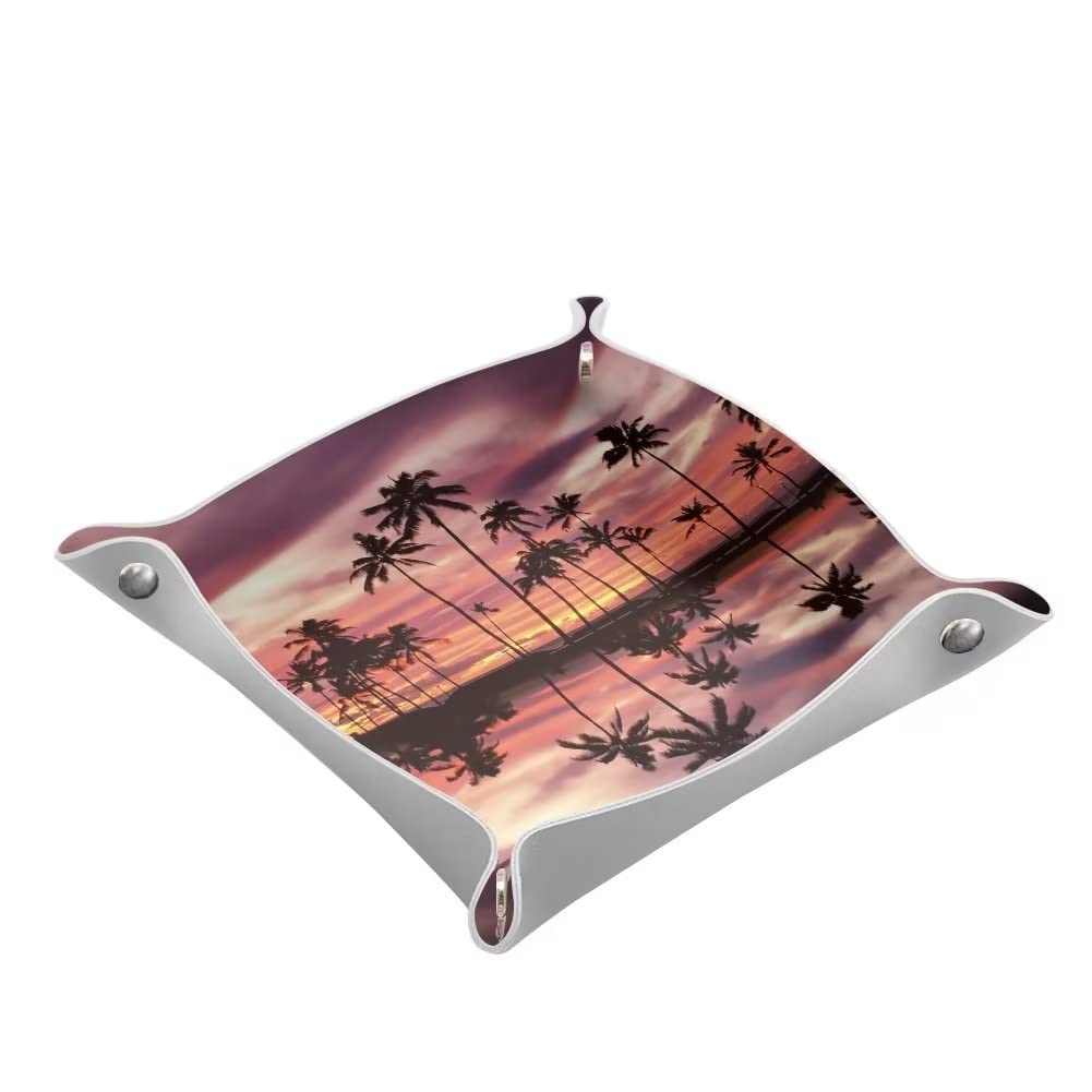 Jiueut Hawaiian Palm Tree Print Valet Tray - PU Leather Jewelry Organizer & Desktop Storage Tray for Women - Perfect for Keys, Wallets, Cell Phones - Ideal for Nightstand, Dresser or Entryway Decor