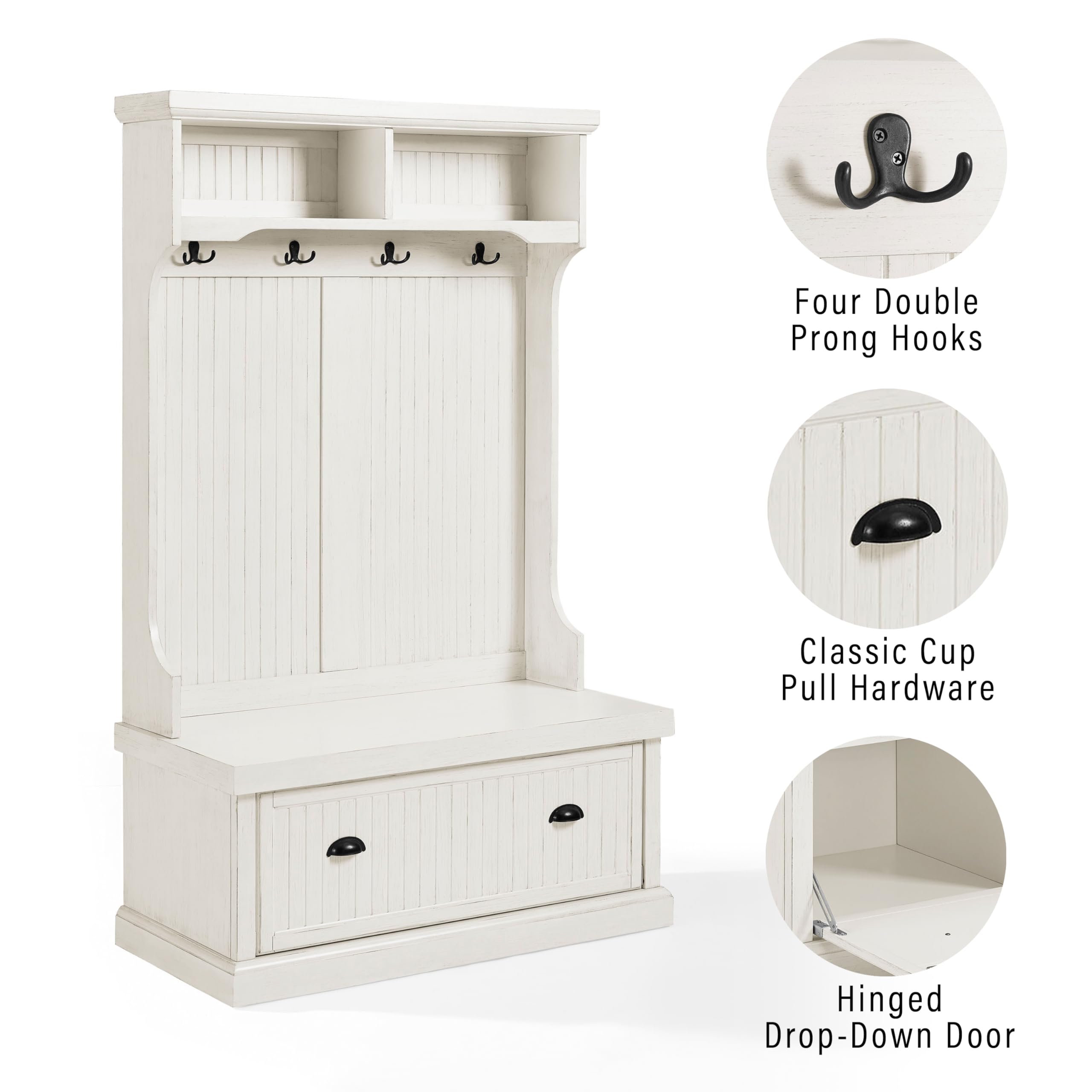 Crosley Furniture Seaside Hall Tree with Shoe Rack Bench & Coat Hooks - Entryway Storage Organizer in Distressed White - Perfect for Mudrooms, Foyers & Small Space Entry Organization