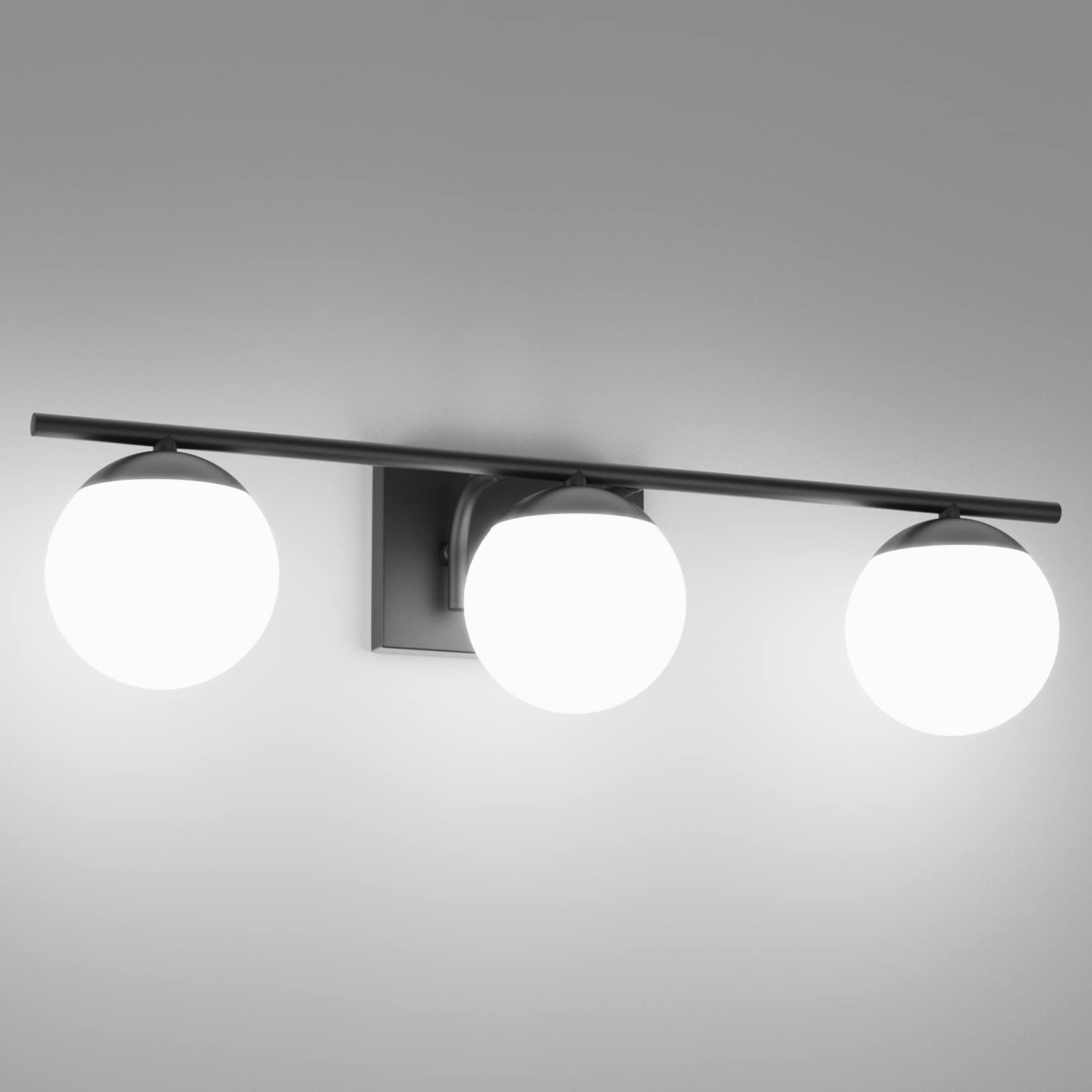 Ralbay Matte Black Bathroom Vanity Light Fixture - 3-Light Mid Century Modern Wall Sconce with Milky Glass Shades for Bathroom, Powder Room & Dressing Room Lighting