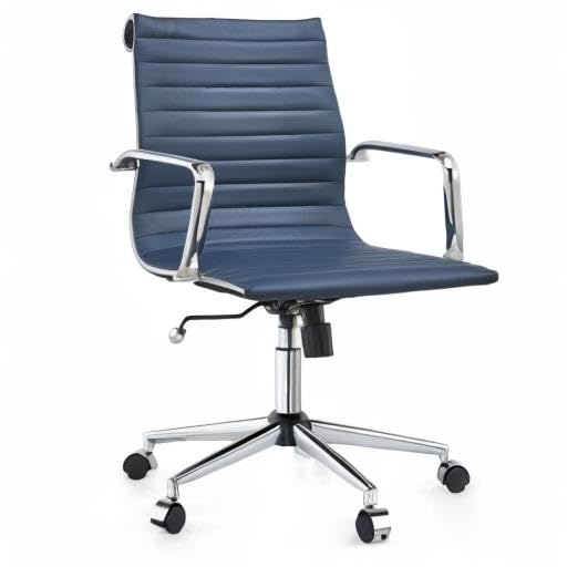 Ergonomic Leather Office Chair - Modern Swivel Executive Desk Chair with Ribbed Back Support for Home & Conference Room - Navy Blue (Perfect for Long Work Hours & Video Meetings)