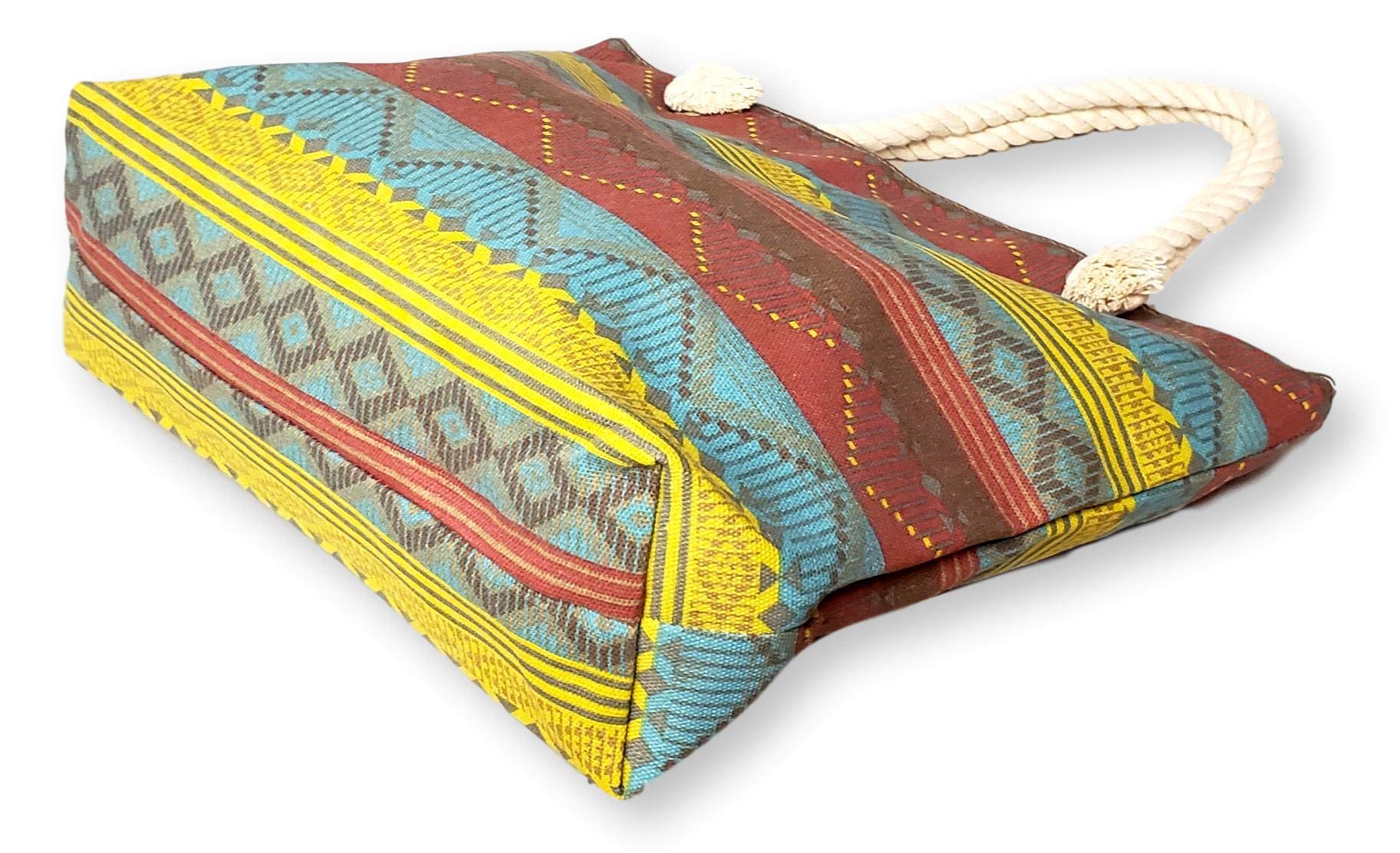 101 BEACH Medium Sized Summer Print Canvas Beach Tote Bag - Burgundy Teal Boho Stripe Design - Perfect for Beach Vacations, Pool Parties and Summer Outings