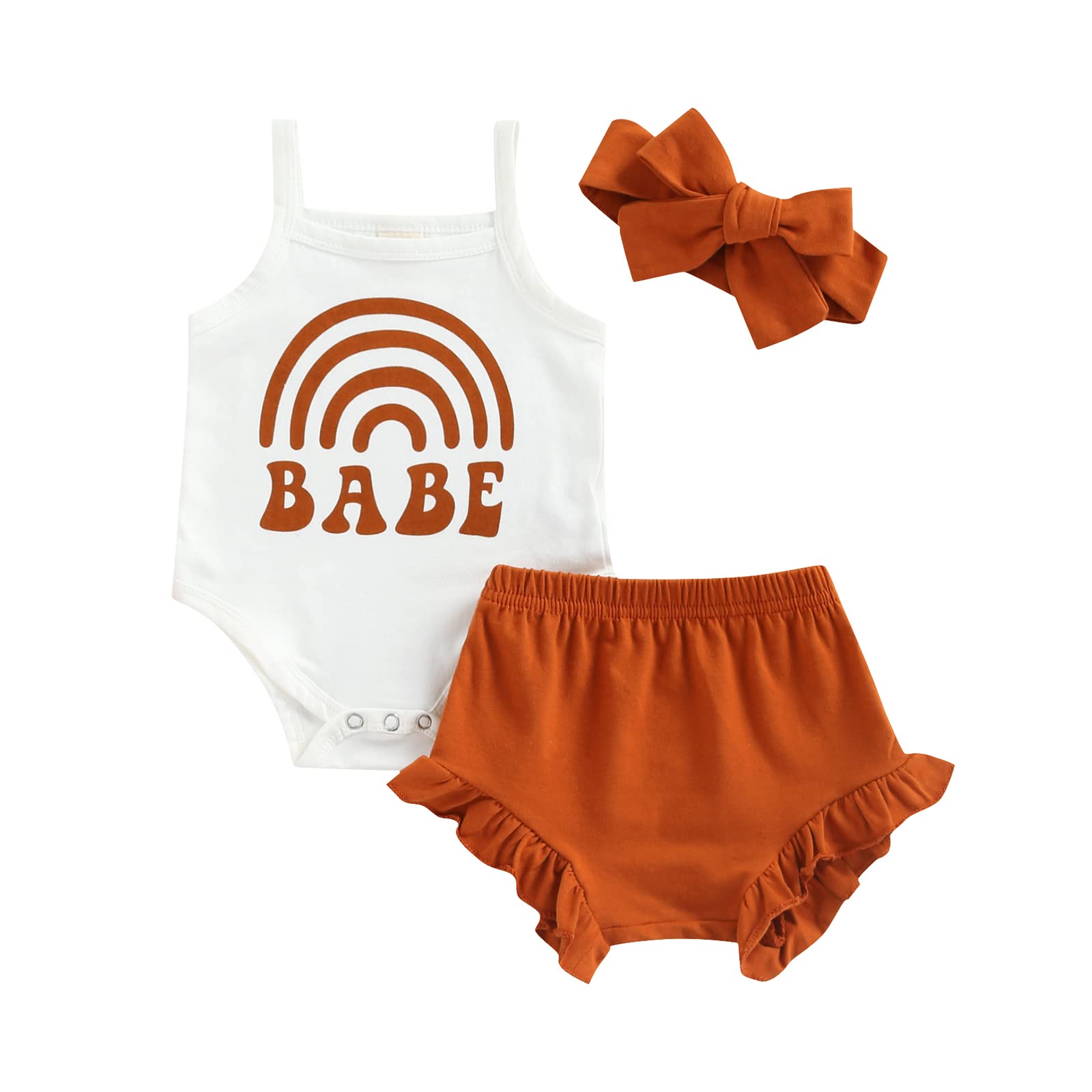 Adorable Baby Girl Summer Outfits - Sleeveless Rainbow Romper & Ruffle Shorts Set with Headband | Perfect for Beach, Playdates & Family Photos