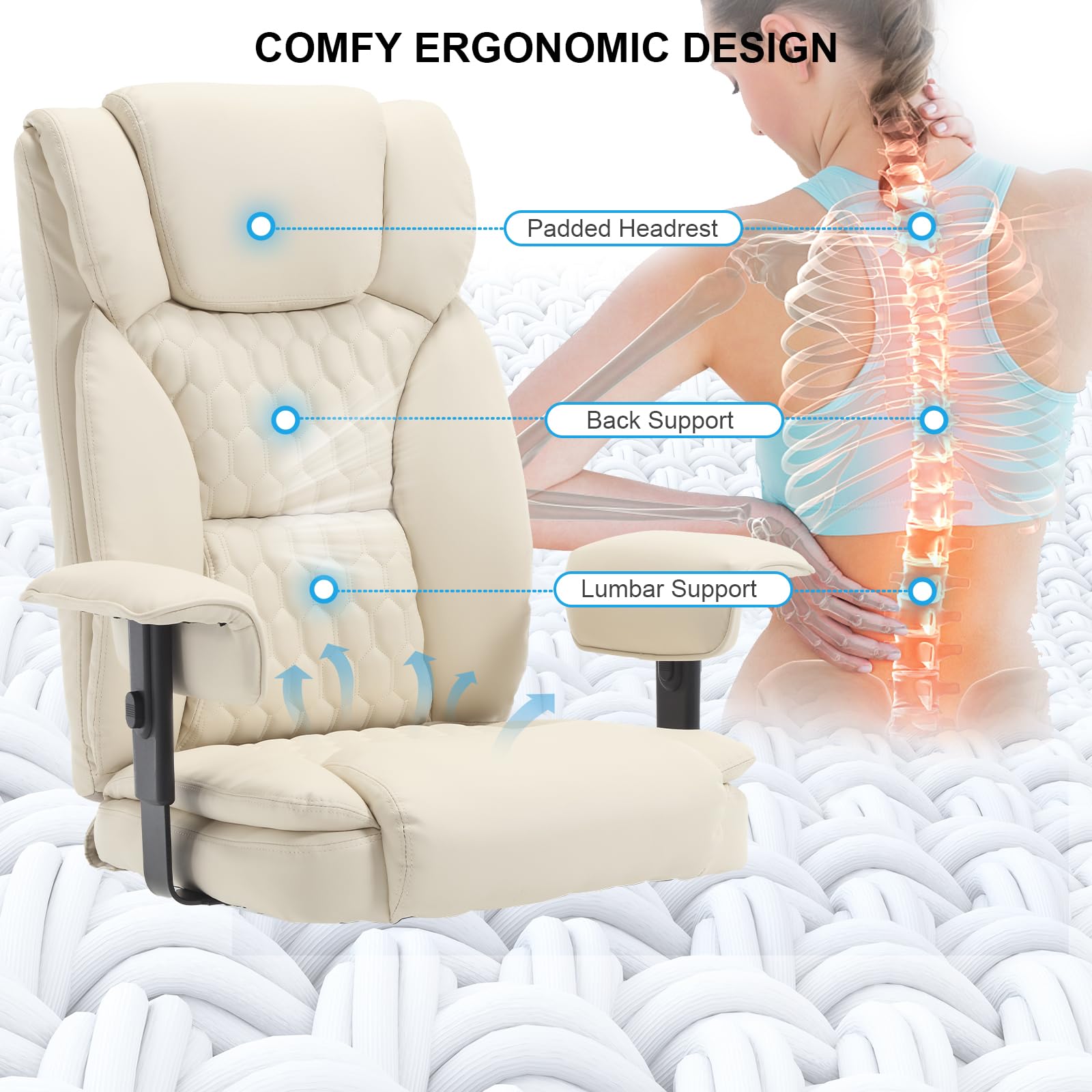Heavy Duty Big and Tall Office Chair 400LBS Capacity - Extra Wide Seat High Back Ergonomic Executive Reclining Chair with Adjustable Footrest, PU Leather Gaming Desk Swivel Chair with Wheels, Lumbar Support & Armrests - Perfect for Home Office, Gaming Setup and Conference Rooms (Beige)