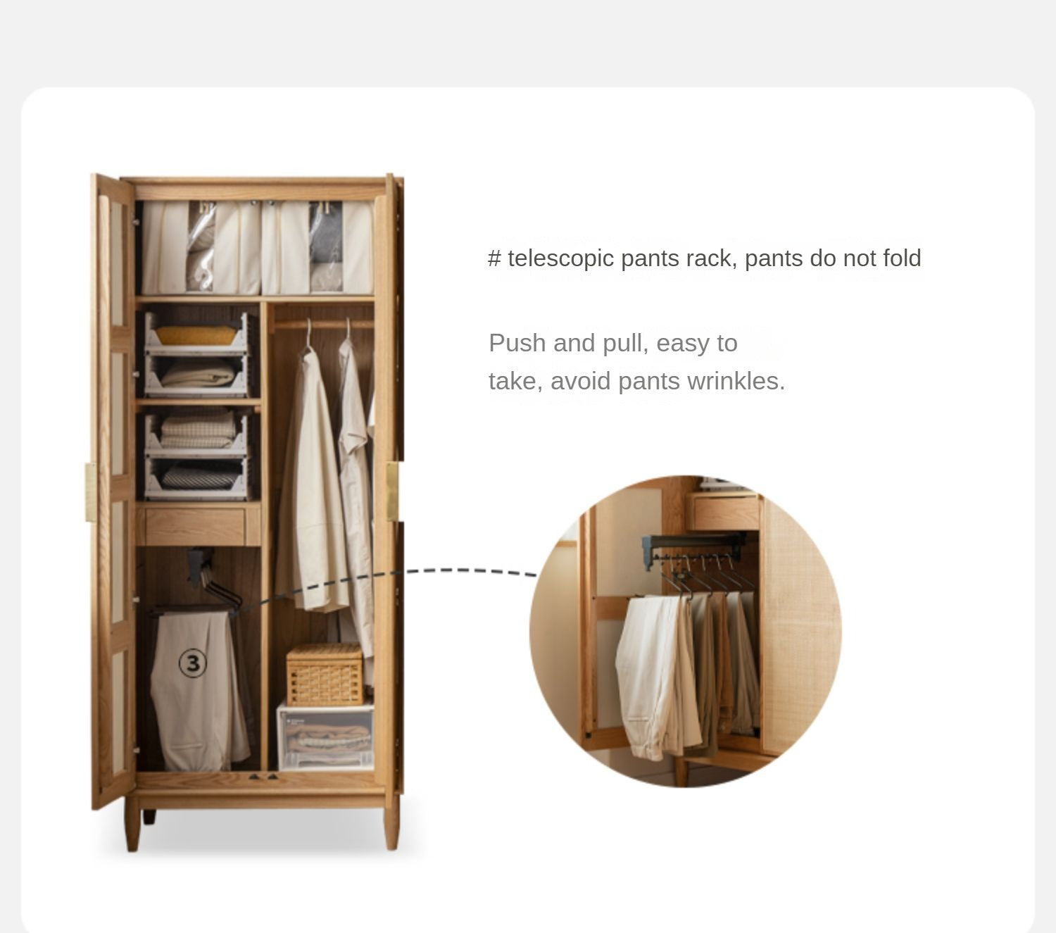 Solid Oak Wood Rattan Wardrobe - Stylish Storage for Bedroom, Living Room & Closet Organization