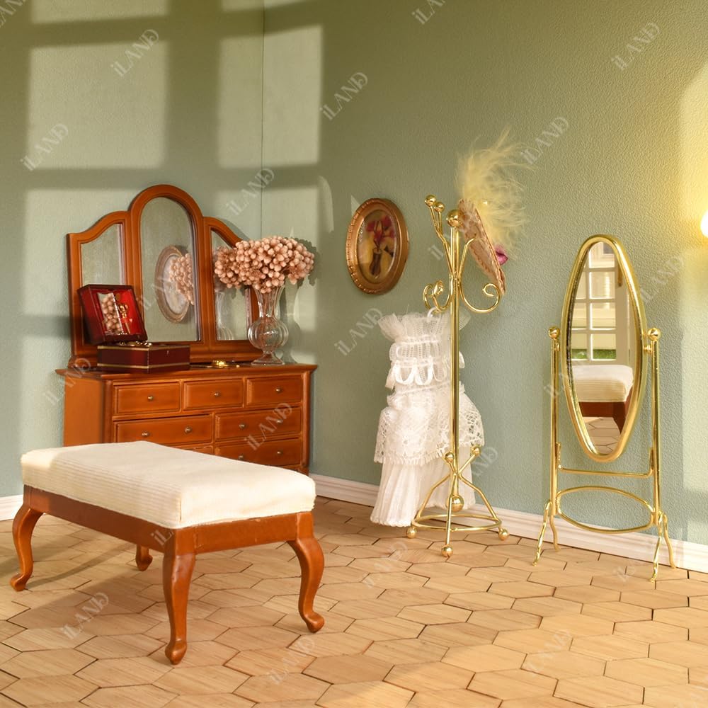 iLAND 1:12 Scale Miniature Dollhouse Furniture Set - Golden Coat Rack & Full Mirror - Perfect for Dollhouse Decor, DIY Miniature Projects & Collectors Display