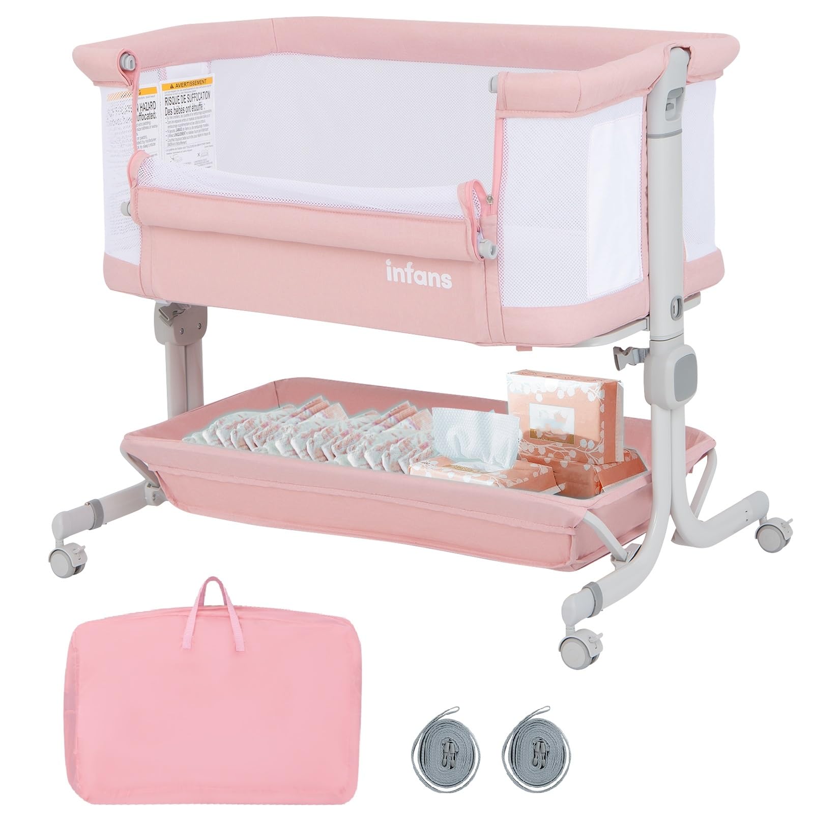 INFANS 3-in-1 Baby Bassinet & Bedside Sleeper with Comfortable Mattress, 6 Adjustable Heights, Wheels, Storage Basket & Travel Bag - Portable Mesh Crib for Newborns & Infants (Pink) | Perfect for Nursery, Bedroom & Travel Use