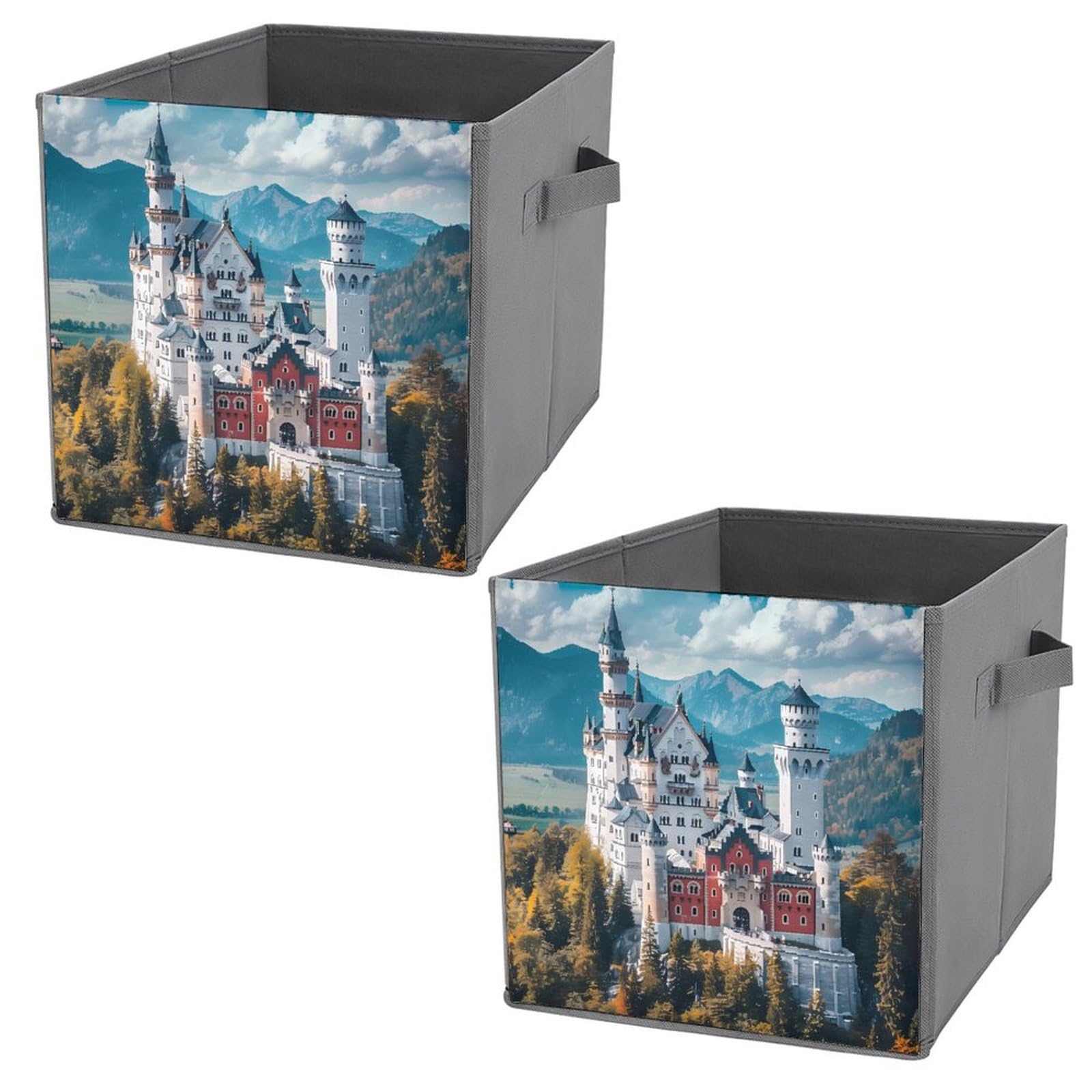 Germany Neuschwanstein Castle Folding Storage Cubes - 2 Pack Collapsible Fabric Bins with Handles for Home, Office, Closet & Toy Organization (White) | Space Saving Storage Solution for Bedroom, Kids Room & Dorm