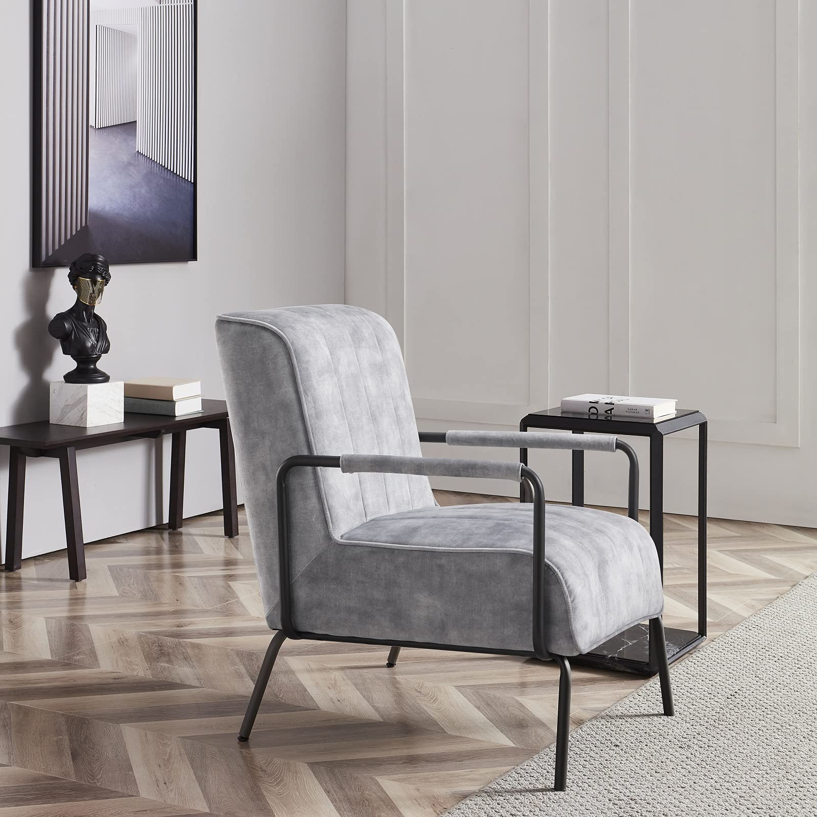 Mid-Century Modern Accent Chair - Plush Upholstered Fabric Armchair with Thick Cushioned Seat | Comfortable Living Room, Study, Bedroom & Vanity Chair by OCTANS (Grey) | Perfect for Reading Nooks, Home Offices & Cozy Spaces