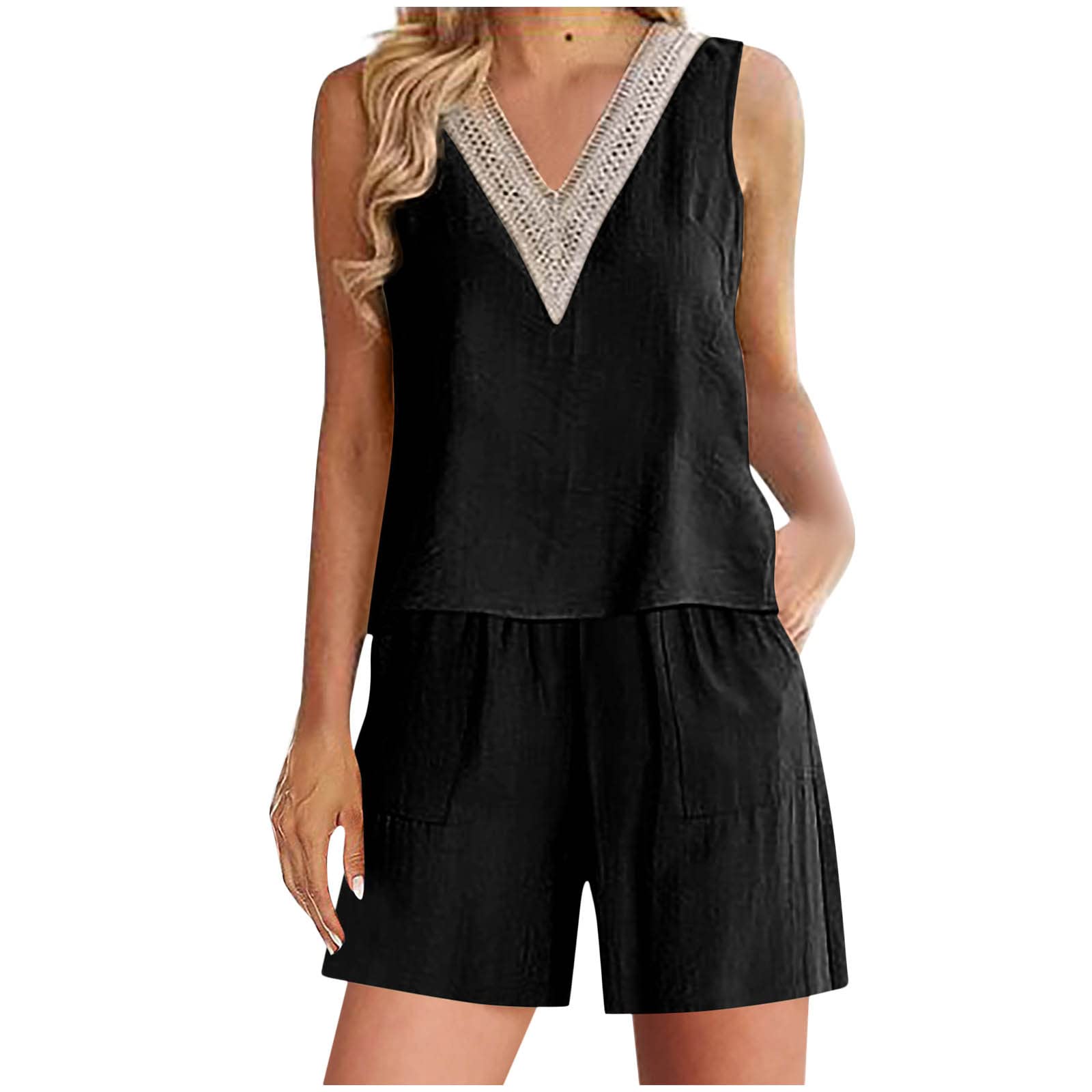 Women's Linen Shorts Set - Sleeveless V-Neck Crop Top & Lounge Shorts | Summer Casual Outfit, Beachwear, Vacation Clothes, Home Loungewear