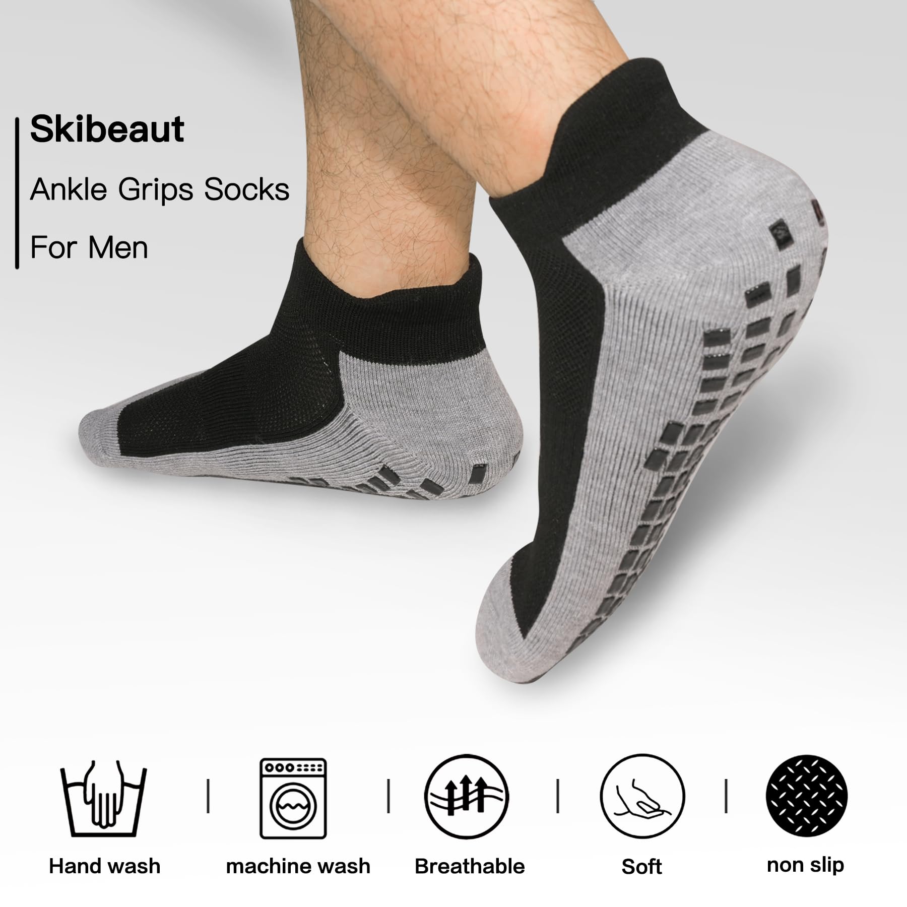 **SkiBeaut Men's Low Cut Non-Slip Grips Cushion Ankle Socks - 3 Pairs for Pilates, Yoga, Hospital & Work - Anti-Skid Breathable Comfort Socks for Men**