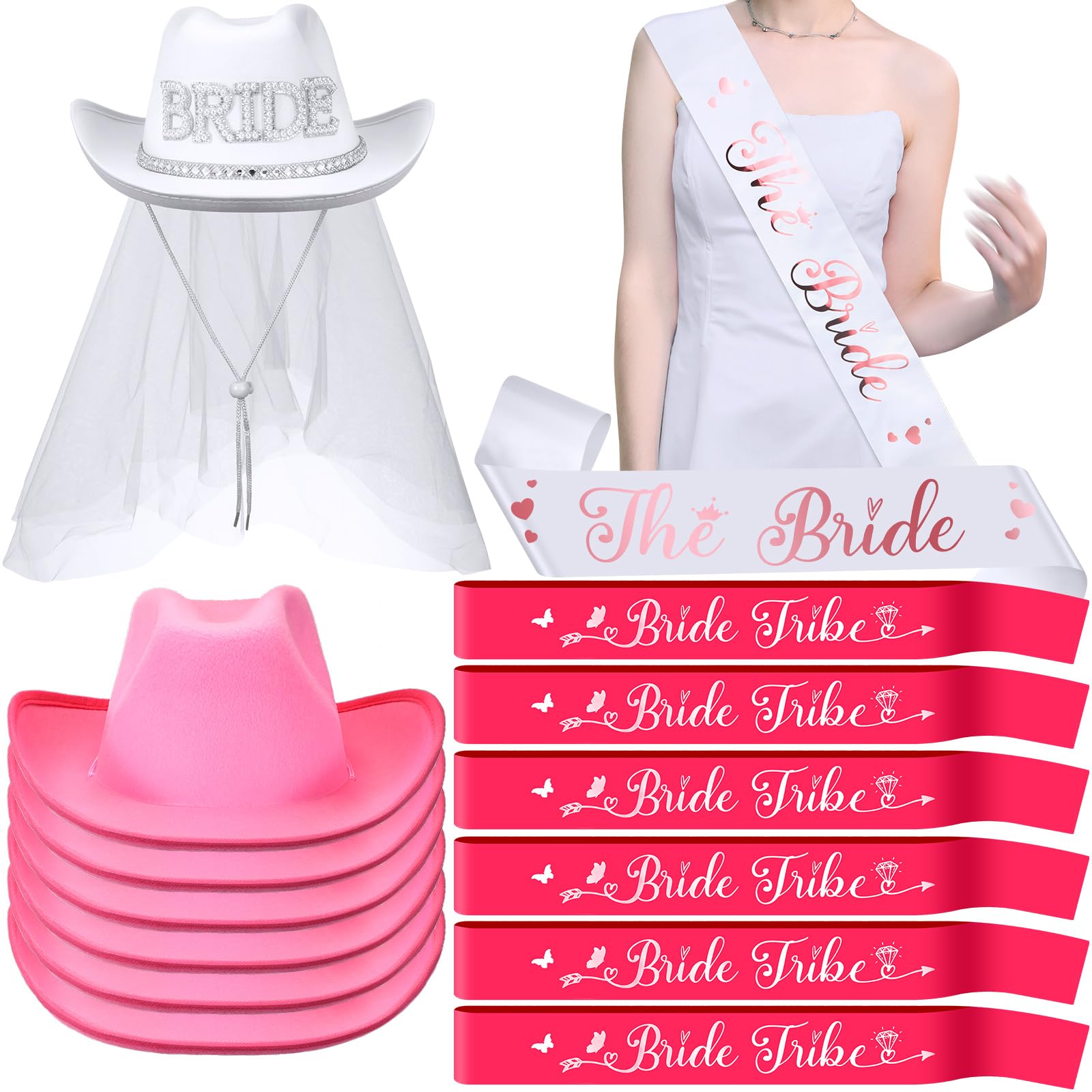 Newcotte 14 Pcs Bride Cowgirl Hat with Veil & Satin Sash - Western Bachelorette Party Cowboy Hats Set for Wedding, Bridal Shower & Country Themed Decor - Perfect for Photo Booths, Girls Night Out & Country Weddings
