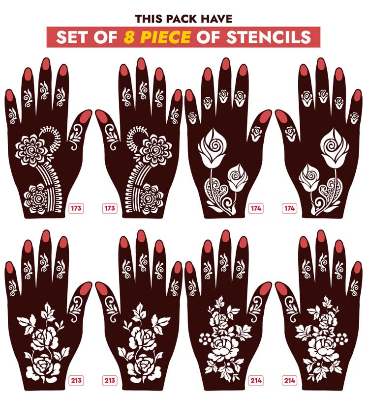 Apcute Henna Temporary Tattoo Stickers - 8 Piece Set for Hands, Easy DIY Body Art for Girls, Women & Kids - Beautiful Mehandi Stencil Designs 173-174-213-214 - Perfect for Parties, Weddings & Festivals