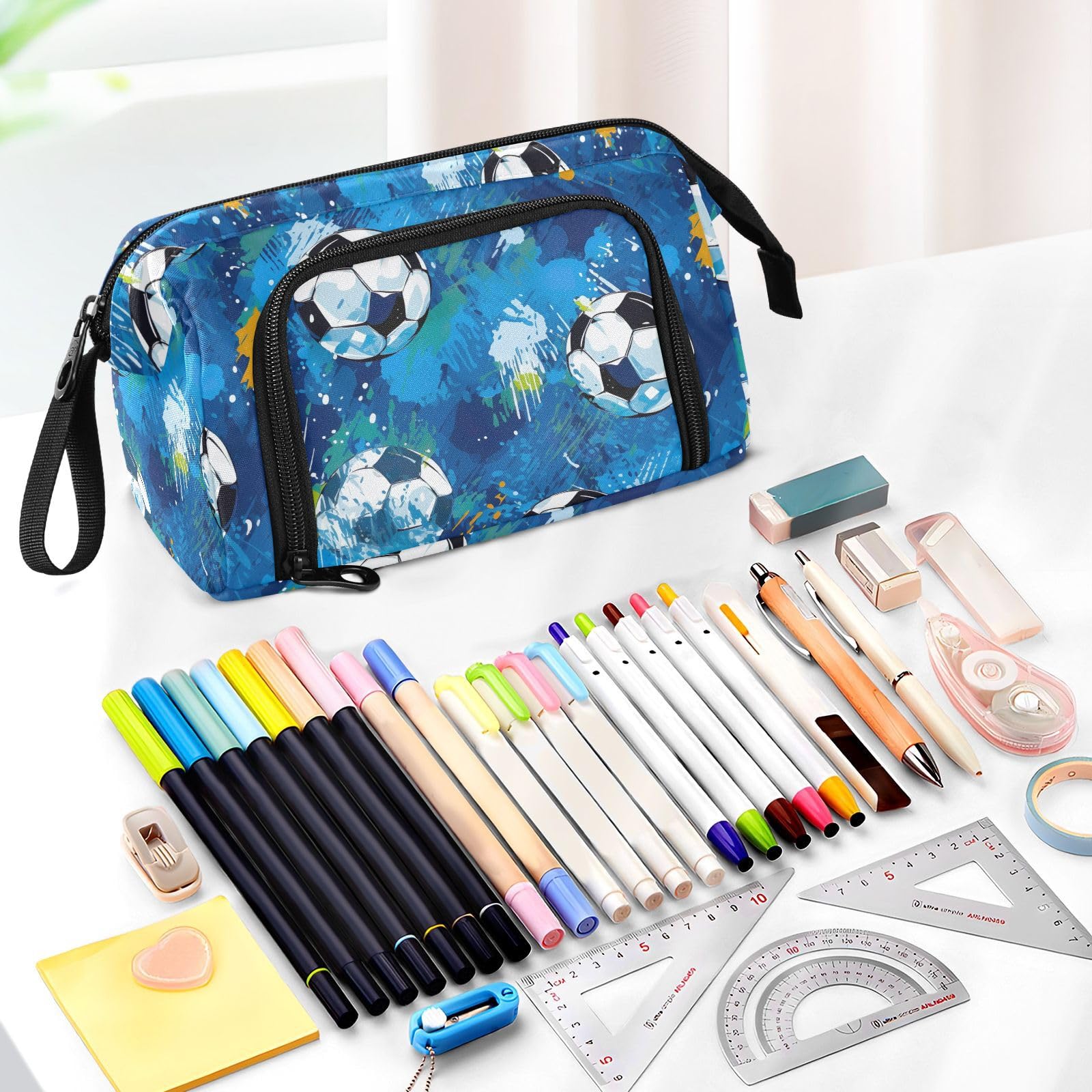 Premium Soccer-Themed Large Capacity Pencil Case with Zipper - Aesthetic School Supply Organizer for Students, Teens & Adults | Perfect for Sports Fans, School, Office & Travel
