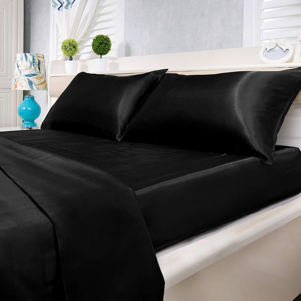 Angel's Bedding Ultra Soft Luxurious Silk-Like Satin 5-Piece Comforter Set (Comforter, Flat Sheet, Fitted Sheet & 2 Pillowcases) - Durable & Comfortable California King Size Bedding in Black - Perfect for Master Bedrooms, Guest Rooms & Luxury Hotels