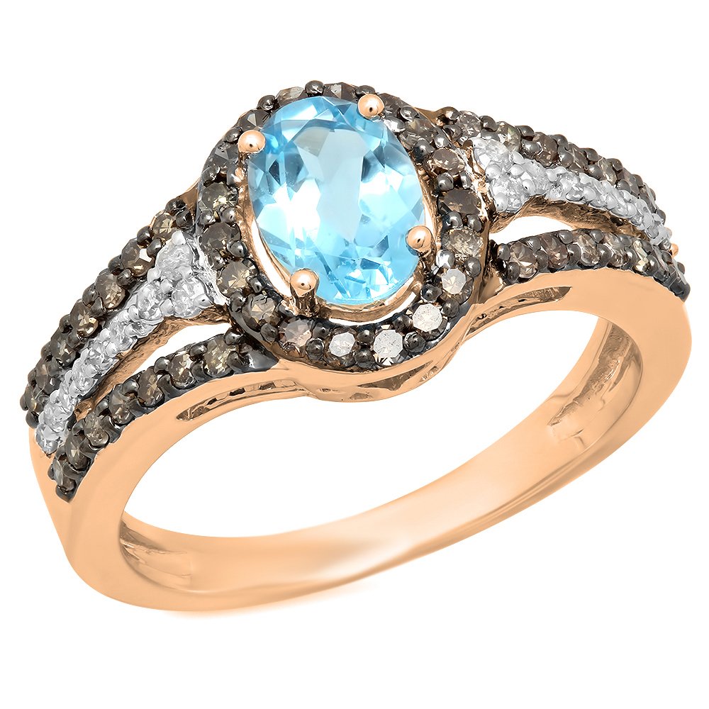 Dazzlingrock 14K White Gold Blue Topaz Champagne & White Diamond Halo Bridal Engagement Ring for Women - Perfect for Proposals, Weddings & Anniversary Gifts