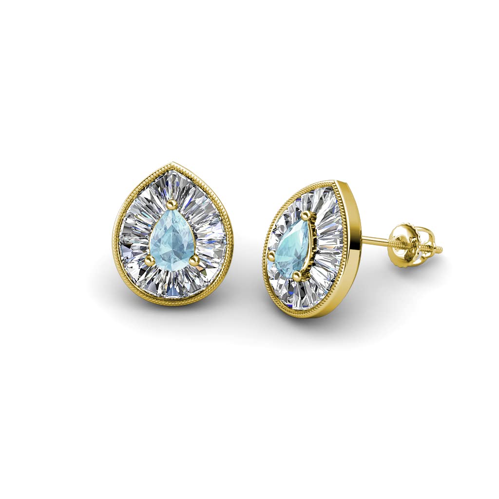 Pear Cut Aquamarine & Natural Diamond Halo Stud Earrings for Women - 1 1/8 ctw, 14K Gold Milgrain Detail - Perfect for Weddings, Anniversaries & Special Occasions