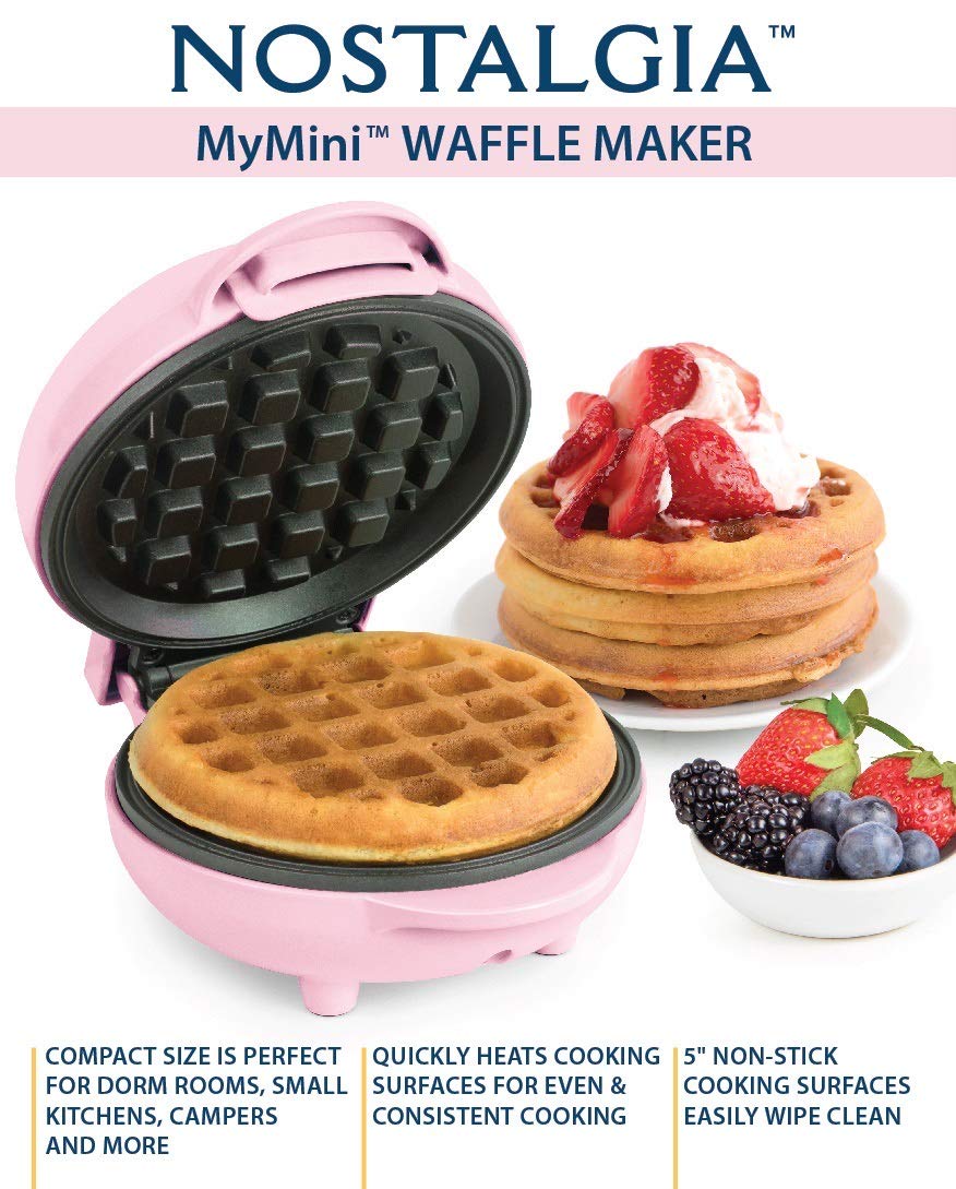 Nostalgia MWF5AQ MyMini Personal Electric Waffle Maker - Make Waffles, Hash Browns, French Toast, Grilled Cheese, Quesadillas, Brownies & Cookies - Compact & Portable, Perfect for Dorms, Offices & Small Kitchens (Pink)