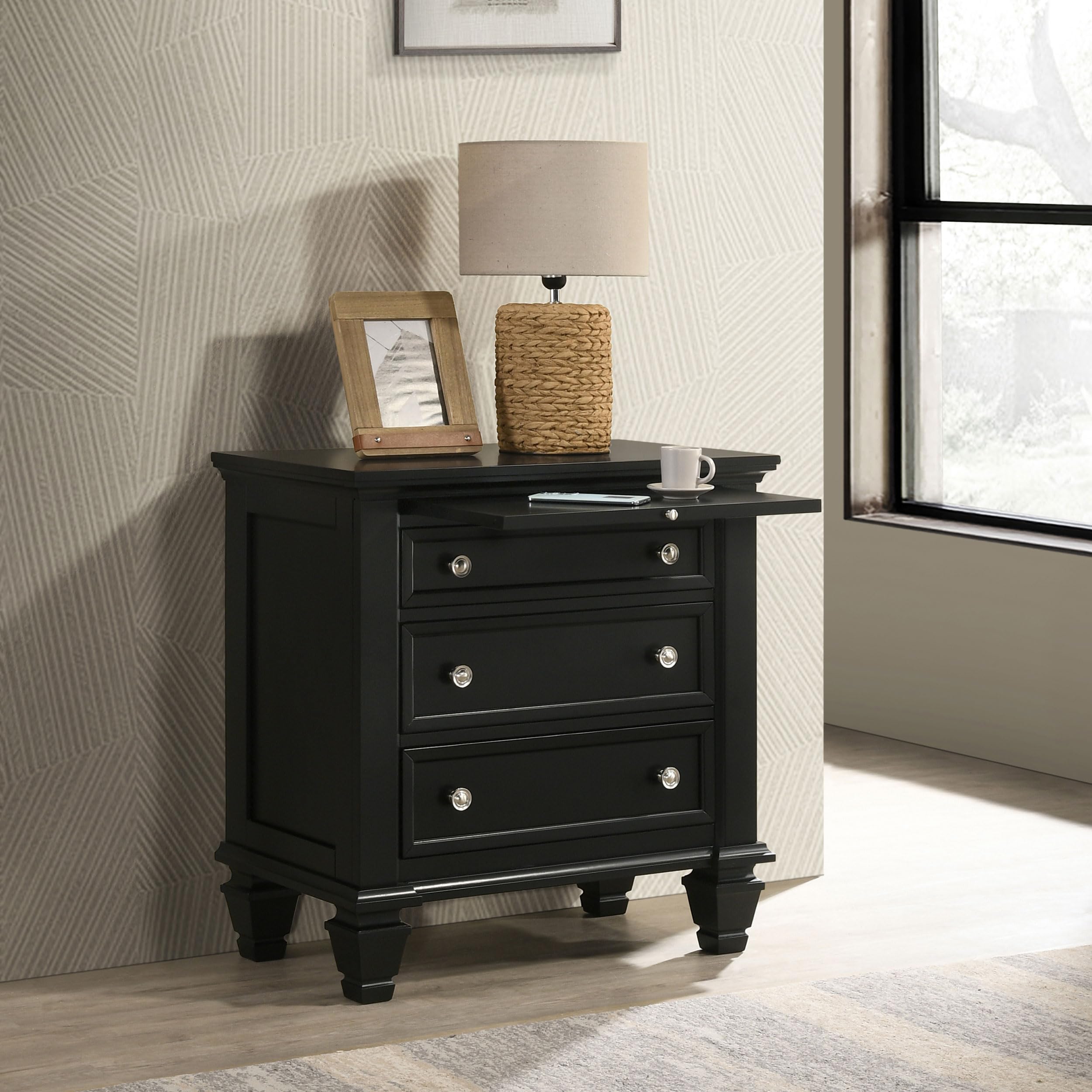 Coastal Wood 3-Drawer Nightstand - Sandy Beach Style Bedside Table with Storage Organizer for Bedroom - Black (201322) | Perfect for Beach House Decor & Guest Room Furniture