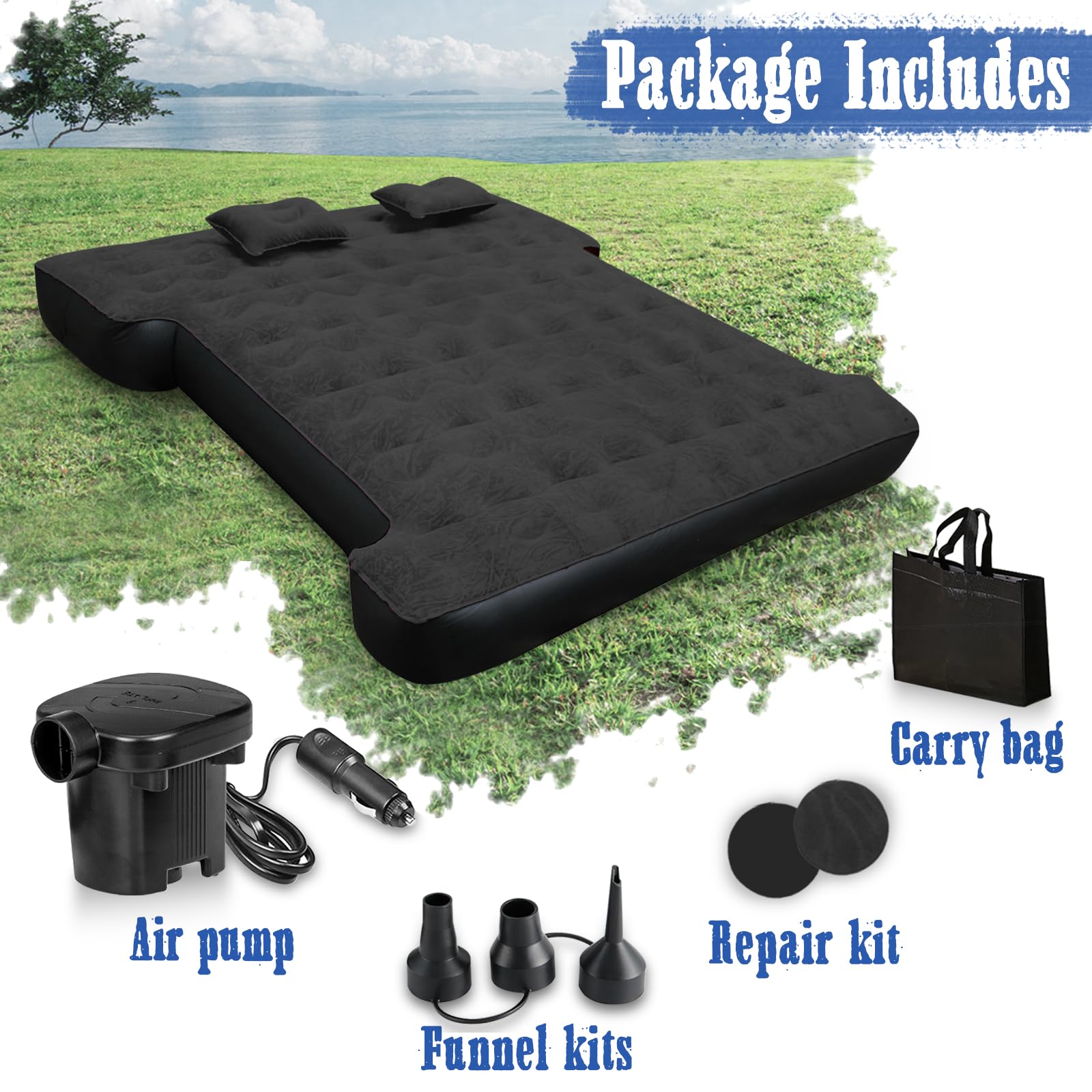 **Inflatable Air Mattress for Full Size 6.5ft Truck Beds - Fits Chevrolet Silverado, Dodge Ram, Ford - Includes Air Pump, 2 Pillows & Carry Bag - Perfect for Camping, Road Trips & Outdoor Adventures (Black)**