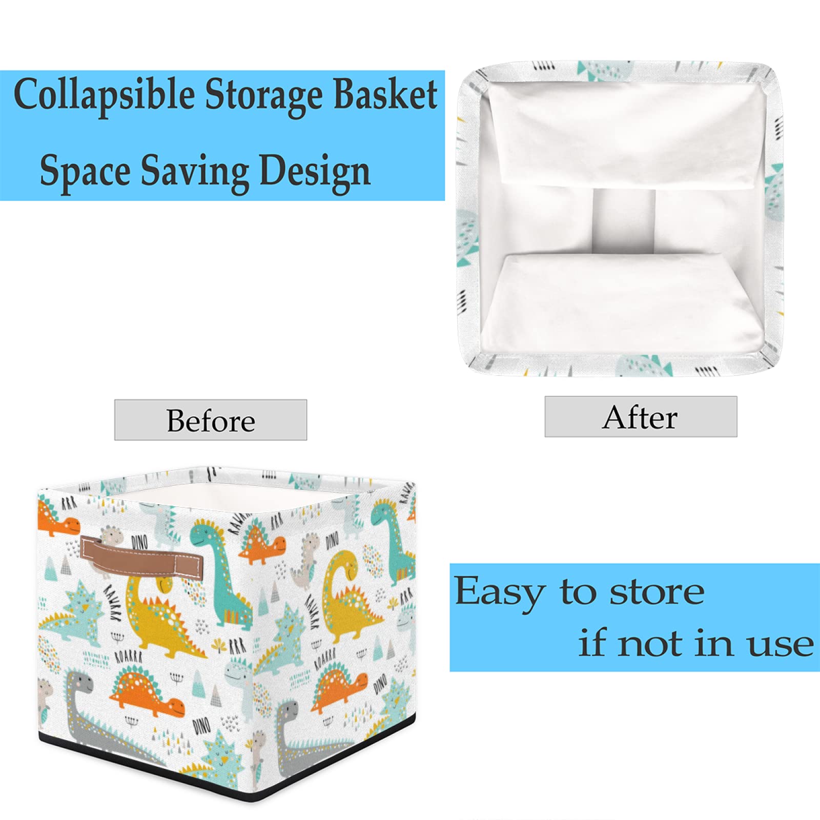 AUUXVA 13x13In Collapsible Storage Cube Bin - Cute Cartoon Dinosaur Pattern Fabric Storage Box with Handles for Home Organization, Closet, Shelves, Nursery & Toys | Perfect for Kids' Room Decor, Playroom Storage & Bedroom Organization