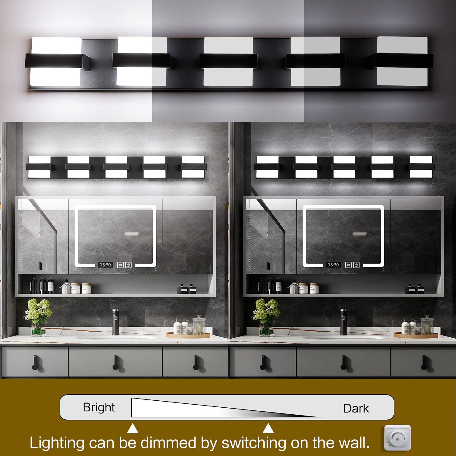 SOLFART 5-Light Modern Black Bathroom Vanity Lighting - 34 Inch LED Dimmable Mirror Light Fixture with White Light | Perfect for Bathroom, Powder Room & Dressing Area Illumination