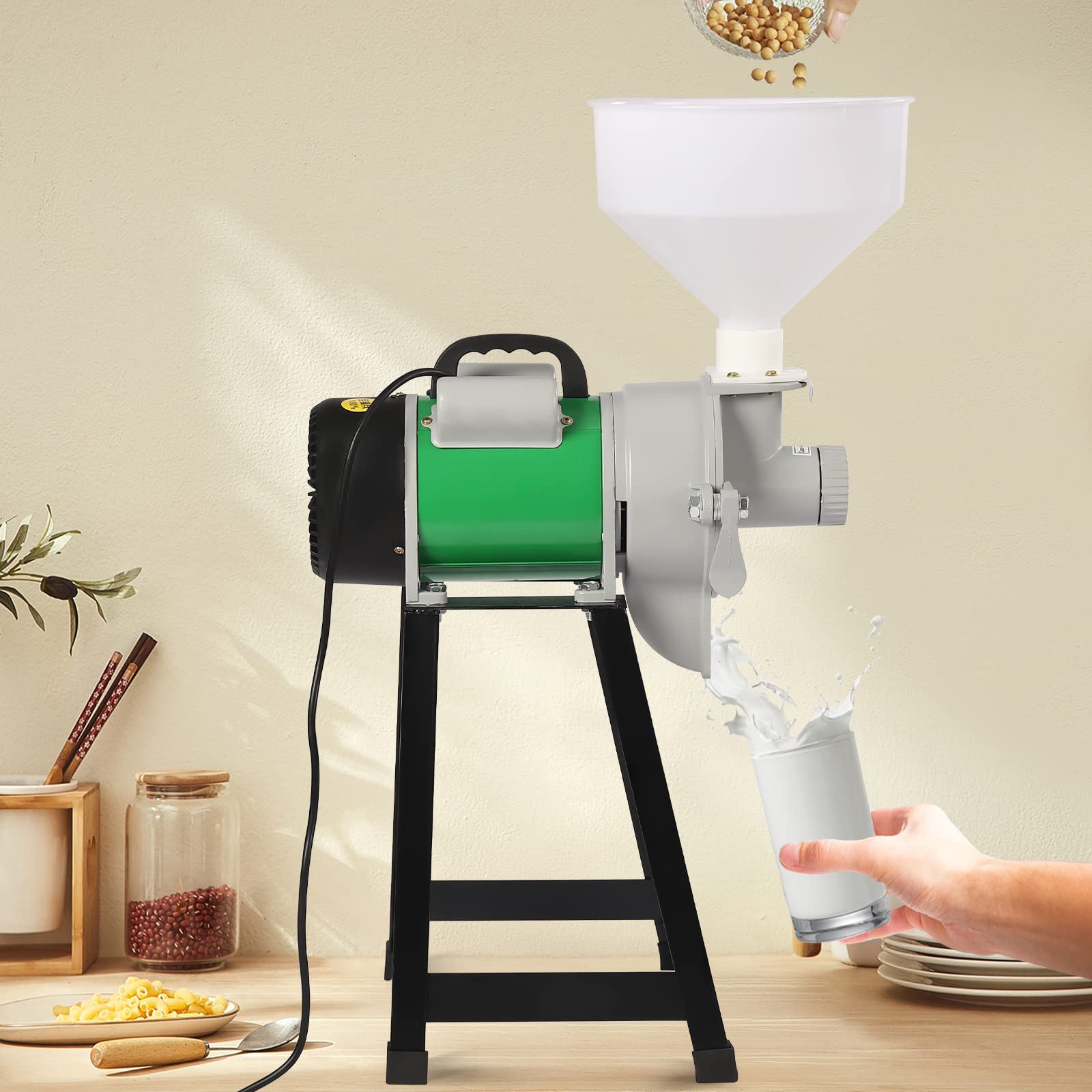 2200W Commercial Electric Grain Mill Grinder - 45kg/h High Capacity Corn/Wheat Flour Mill Machine with Funnel - 2800RPM Wet/Dry Feed Grinder for Kitchen & Bakery (110V/60Hz, Green) - Perfect for Home Baking, Coffee Shops, and Small Food Businesses