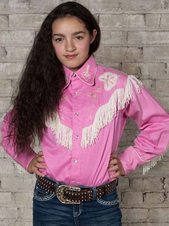 Rockmount 8723 Kids Embroidered Fringe Long Sleeve Western Shirt - Pink Cowgirl Outfit for Girls | Perfect for Rodeo, Halloween & Western Theme Parties