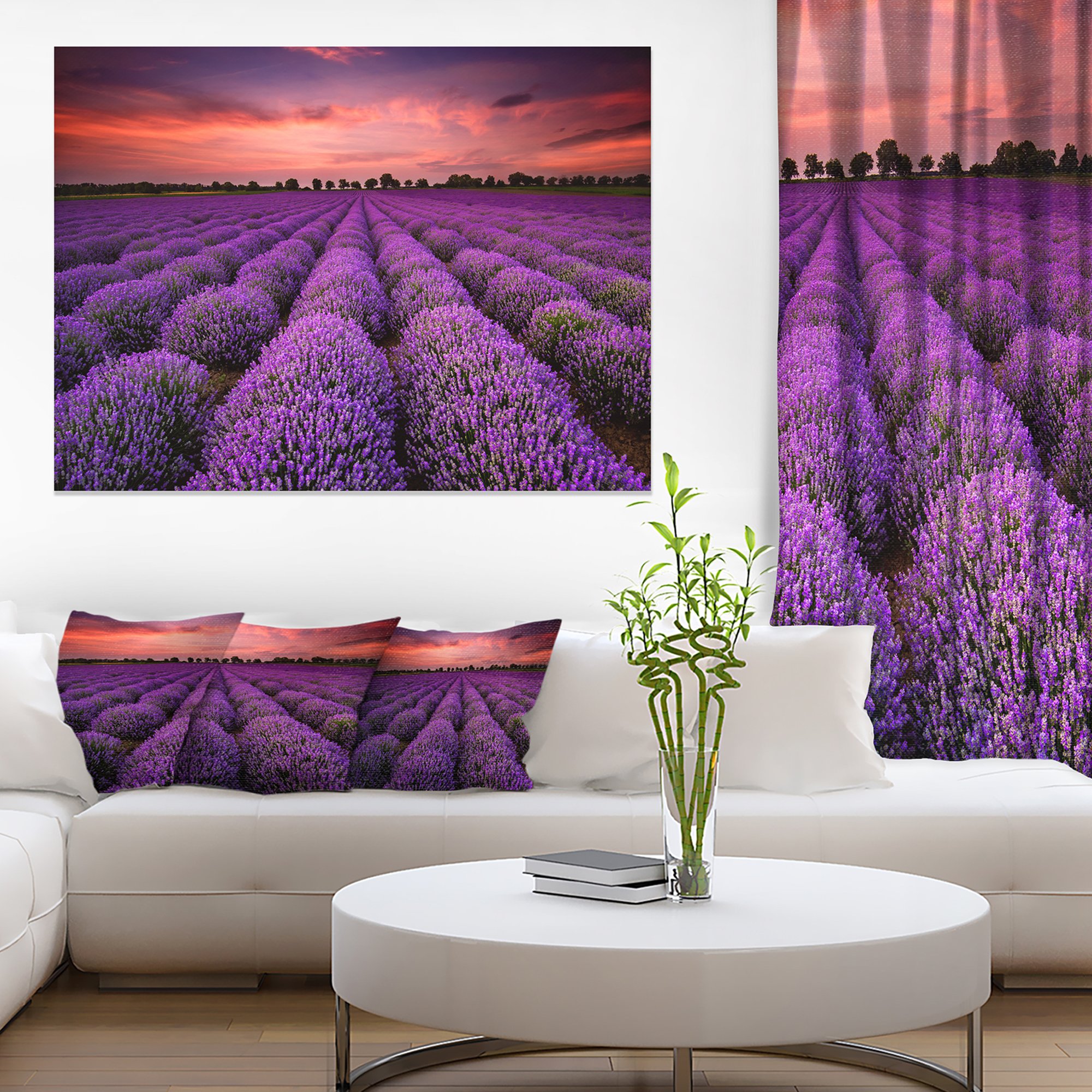 Extra Large Red Sunset Over Lavender Field Wall Art - Stunning Landscape Canvas Print for Living Room, Bedroom & Office Decor