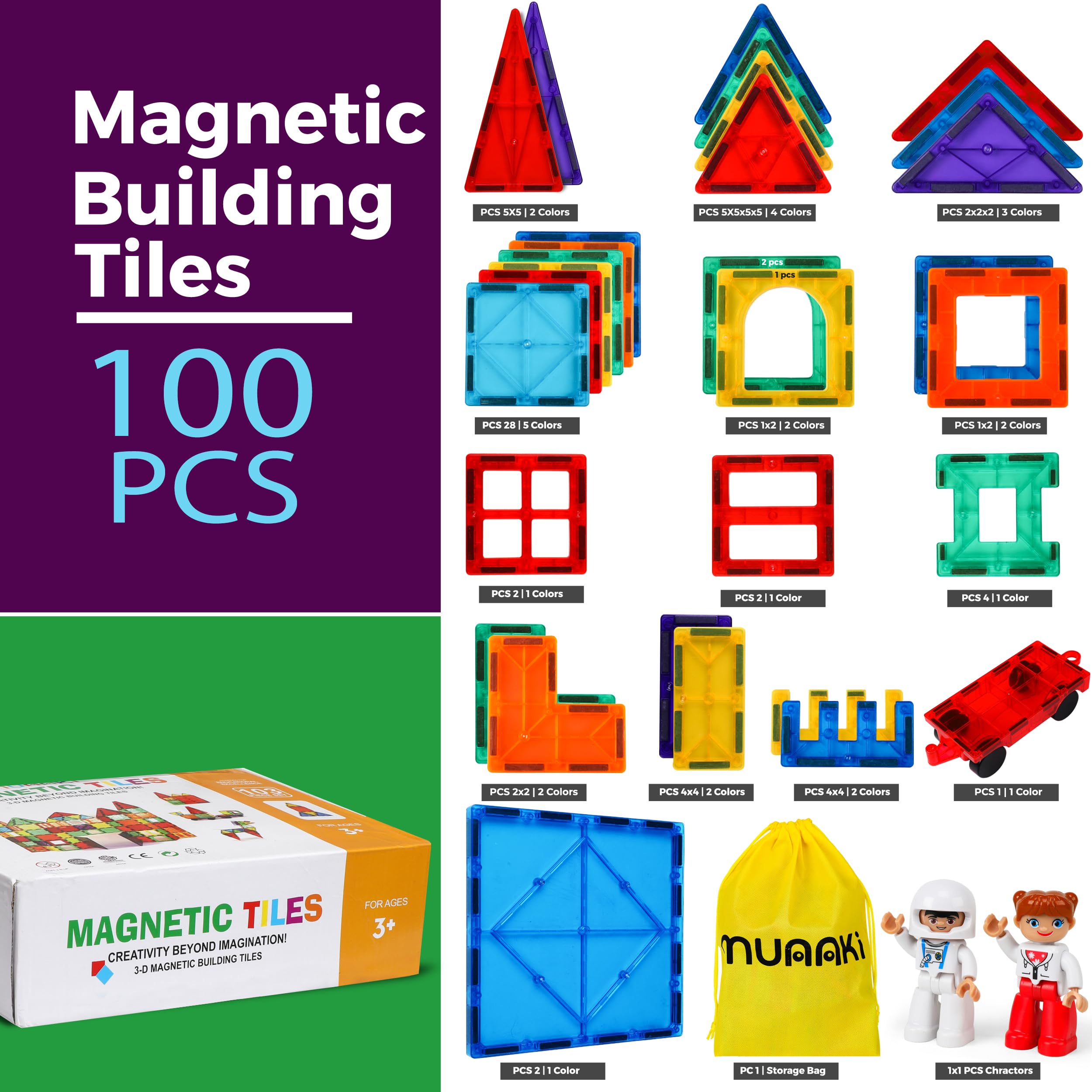 100 Pcs Magnetic Building Blocks for Kids Ages 4-8 | STEM Educational Toys with 2 Characters | Preschool Learning Toys for Creativity & Development | Perfect for Classroom, Home Play & Gift Giving