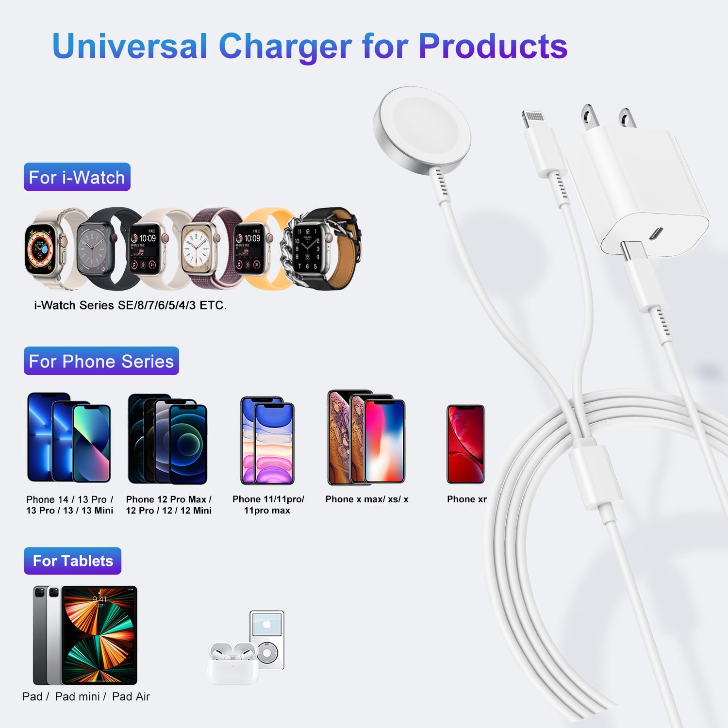 Upgraded 2-in-1 USB C Charger for Apple Watch & iPhone - 6FT Magnetic Fast Charging Cable with USB-C Wall Adapter - Compatible with Apple Watch Series 8/7/6/SE/5/4 & iPhone 14/13/12 - Perfect for Travel, Office & Home Charging