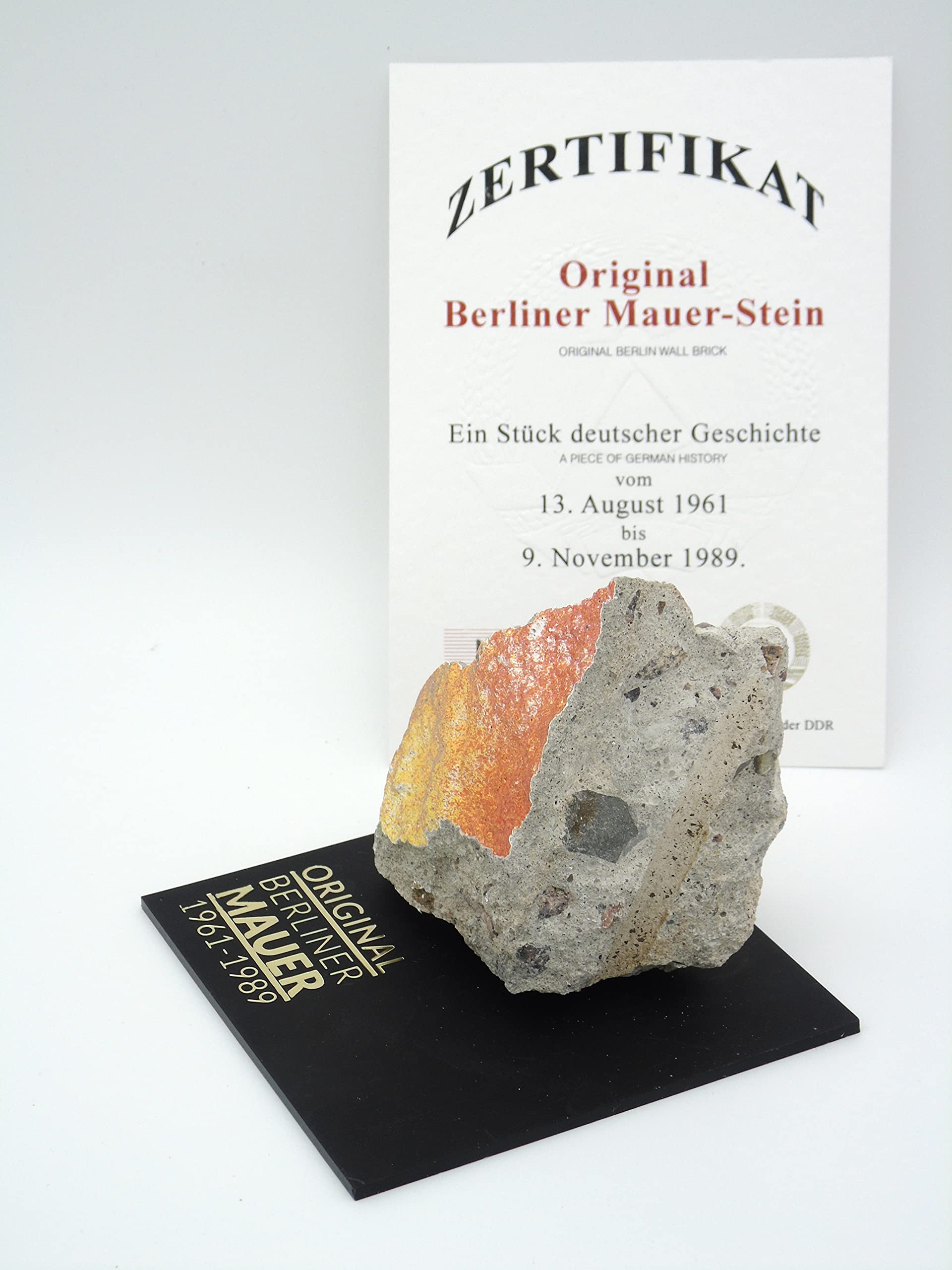 Authentic Piece of Berlin Wall with Certificate of Authenticity (CoA) - Large Fragment on Black Acrylic Base | Cold War Memorabilia, Historical Home Decor, Unique Gift for History Lovers