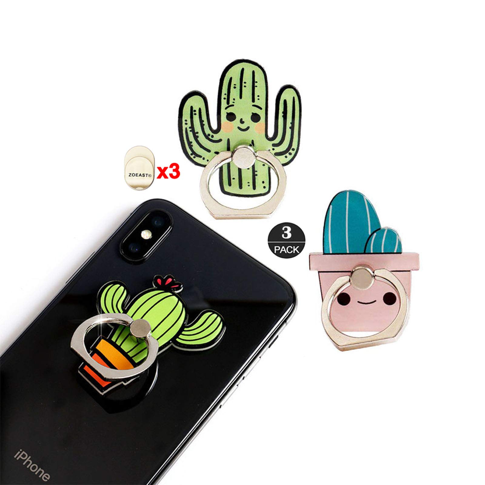 ZOSTLAND 3-Pack Cactus Phone Ring Holder - 360° Adjustable Finger Grip Stand for iPhone 15 14 13 12 11 Pro Max Plus & iPad - Universal Phone Case Mount for Desk, Car, Travel & Outdoor Use (Green Summer Desert Style)