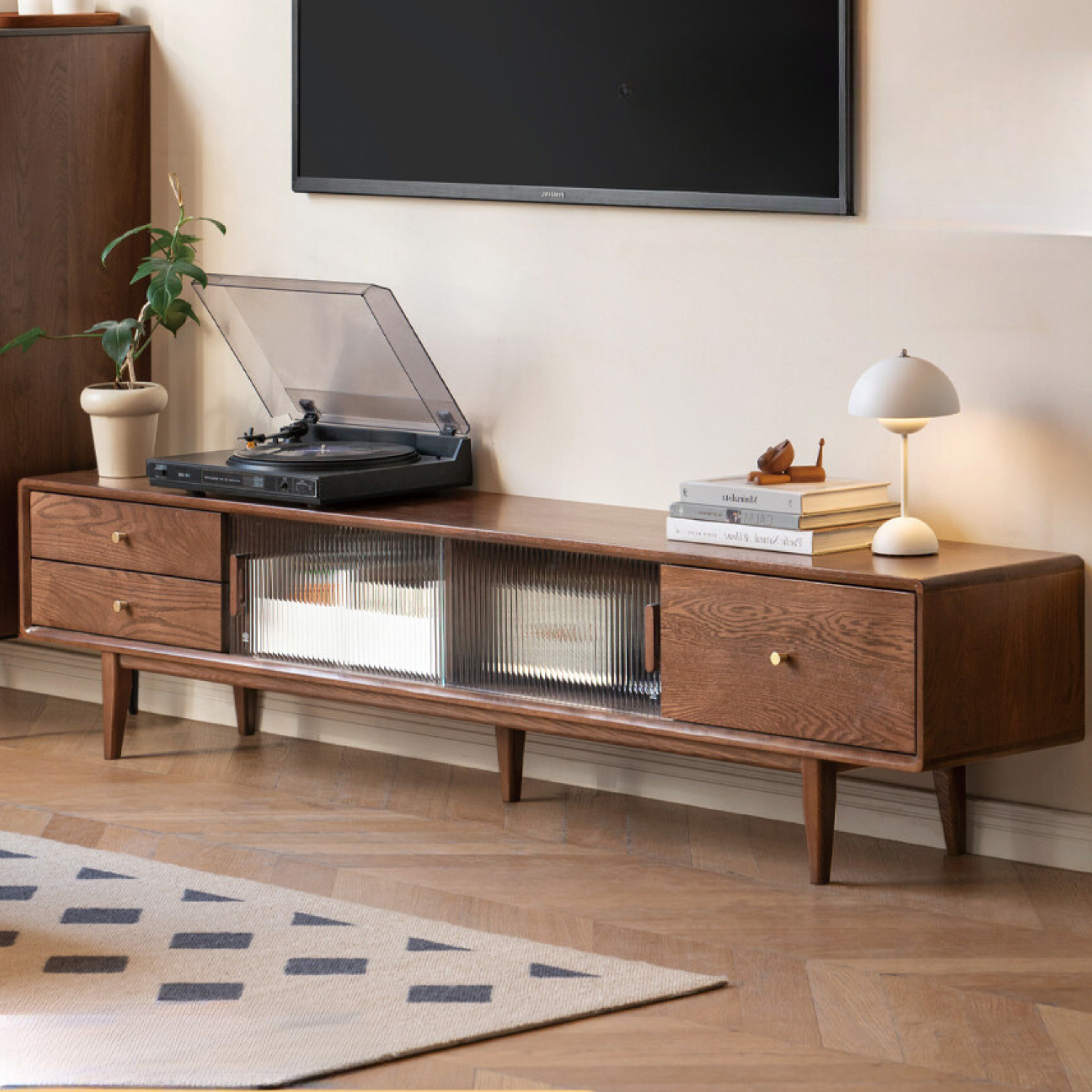 Solid Oak Wood TV Stand with Glass Sliding Doors - Modern Entertainment Center for Living Room, Bedroom & Home Theater